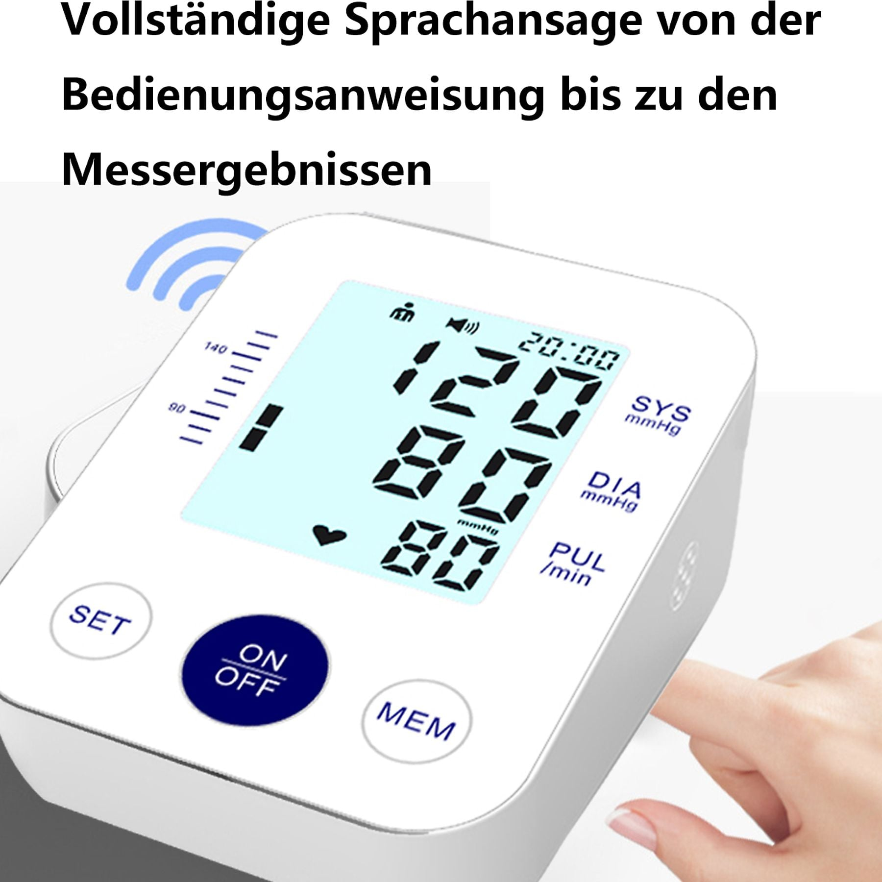 Ein digitaler Blutdruckmesser mit heller Anzeige zeigt 120/80 an.