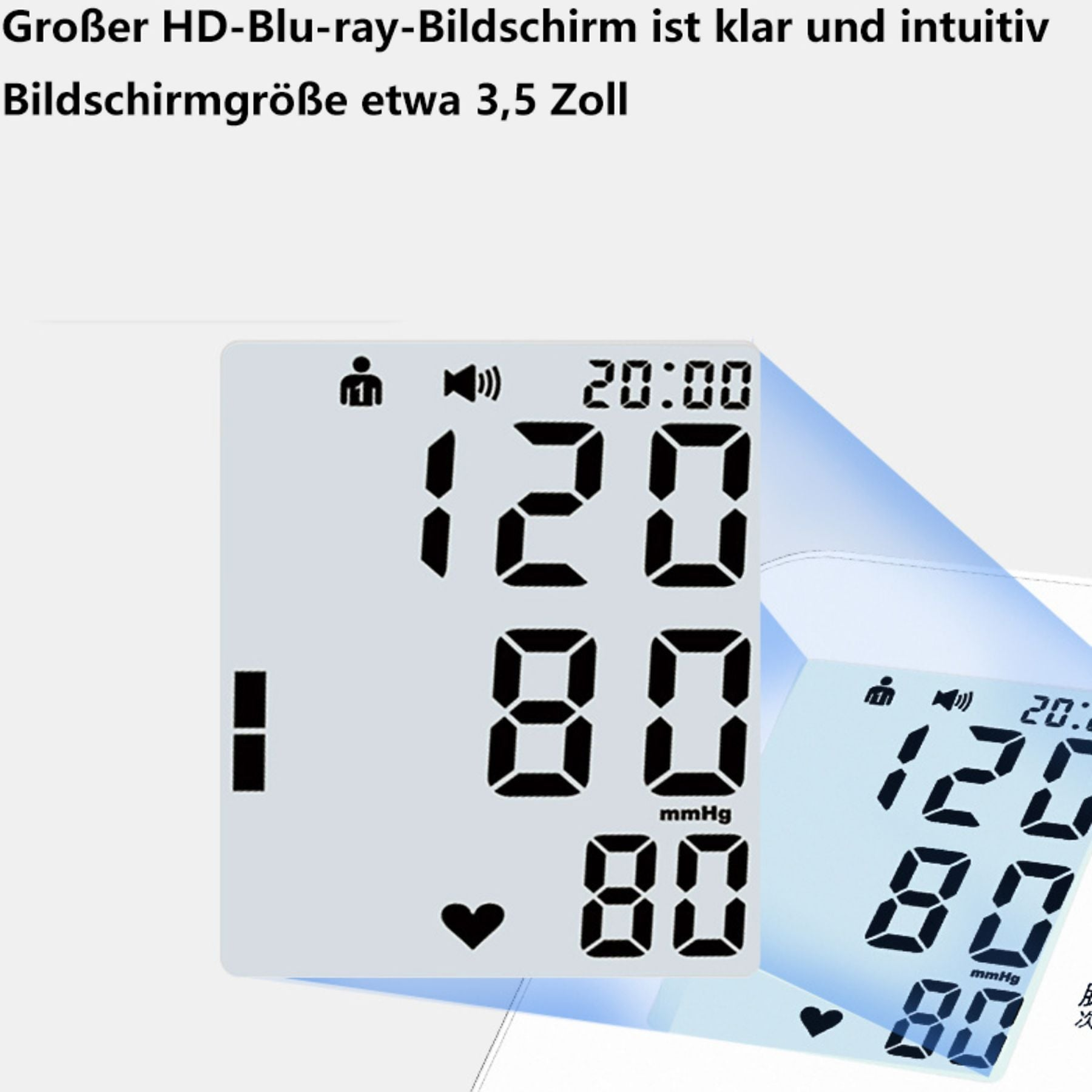Digitales Display zeigt 120/80 und 80 mmHg. Uhrzeit 20:00.