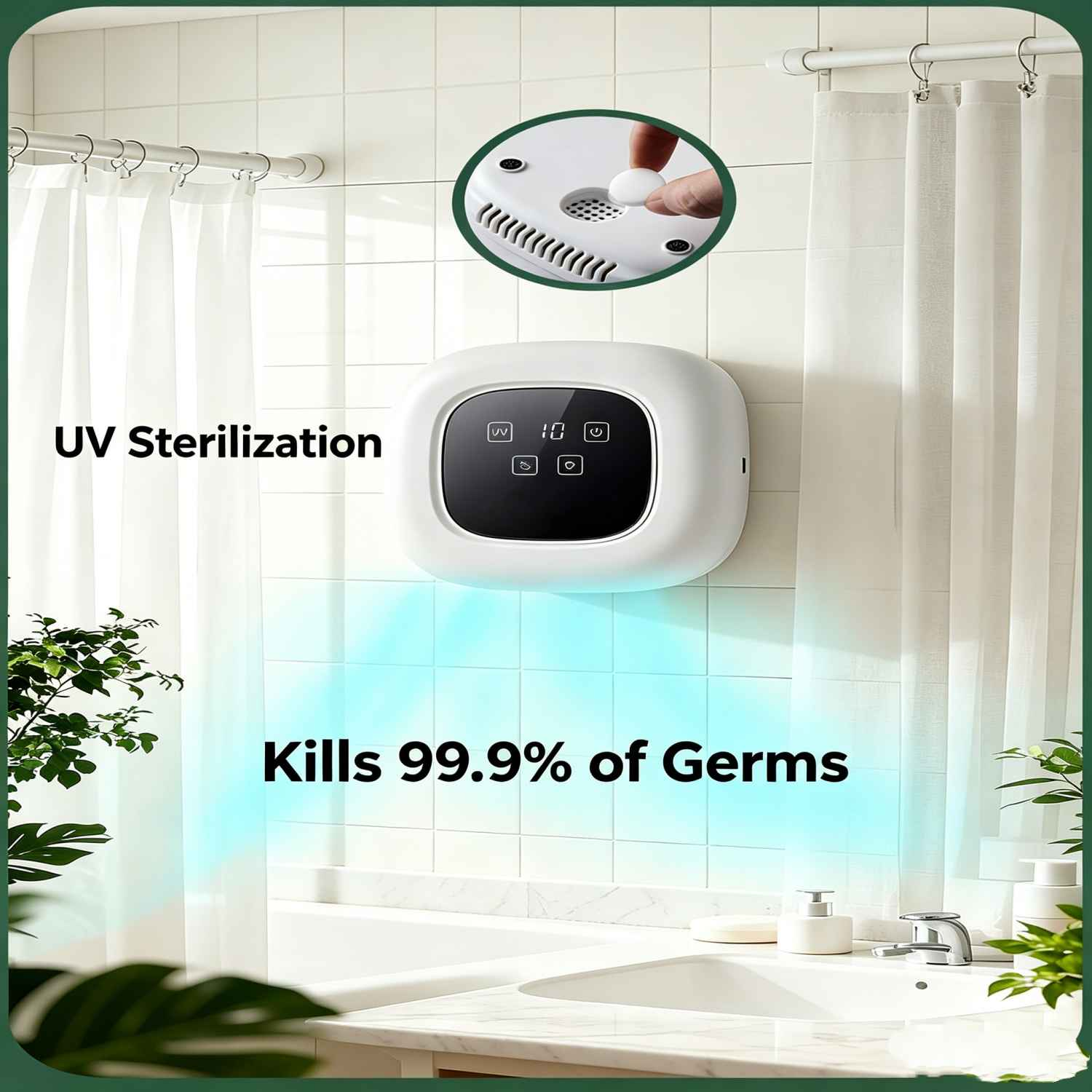 Ein weißes UV-Sterilisationsgerät an einer gefliesten Wand über einem Waschbecken.