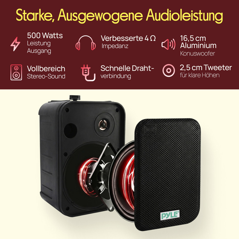 Ein schwarzer Pyle Lautsprecher mit roten Akzenten und technischen Daten.
