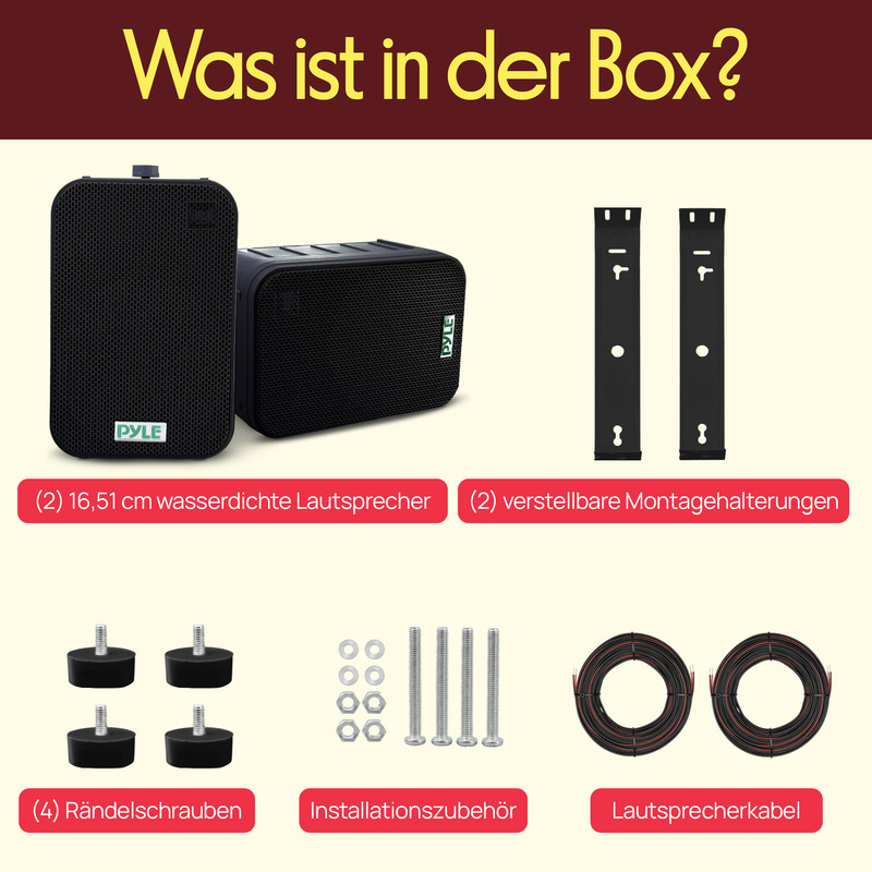 Box-Inhalt: 2 Lautsprecher, 2 Halterungen, 4 Schrauben, Zubehör, 2 Kabel.