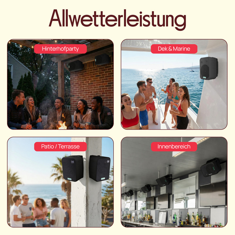 Vier Szenen zeigen Lautsprecher in verschiedenen Umgebungen: Hofparty, Boot, Patio, Bar.