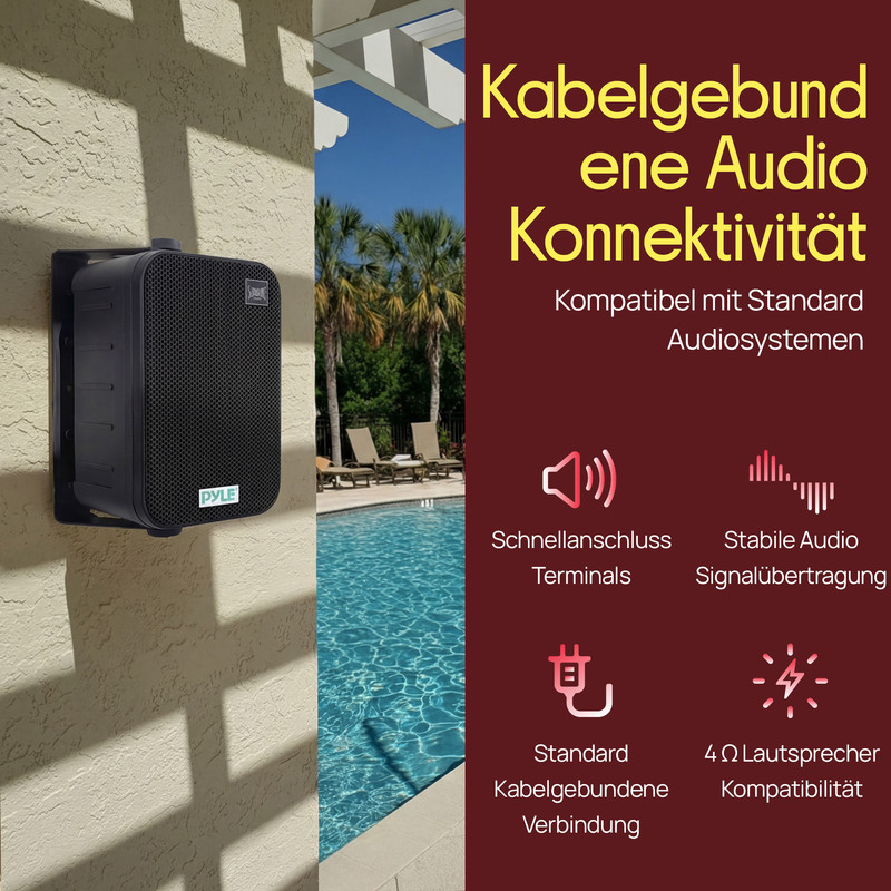 Schwarzer Pyle Lautsprecher an einer Wand neben einem Pool, mit Text.