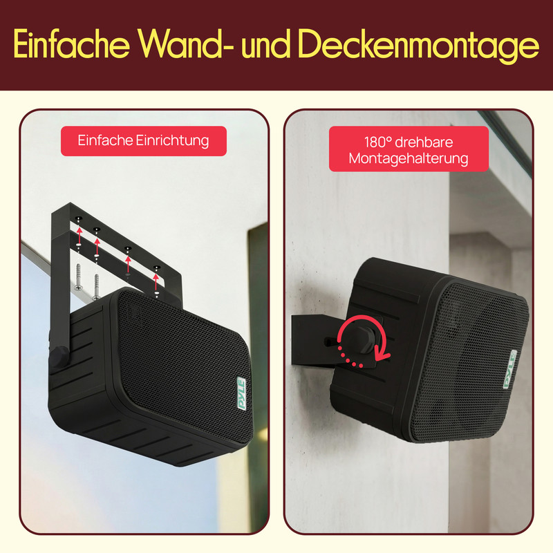 Schwarzer Lautsprecher an Wand-/Deckenhalterung montiert.