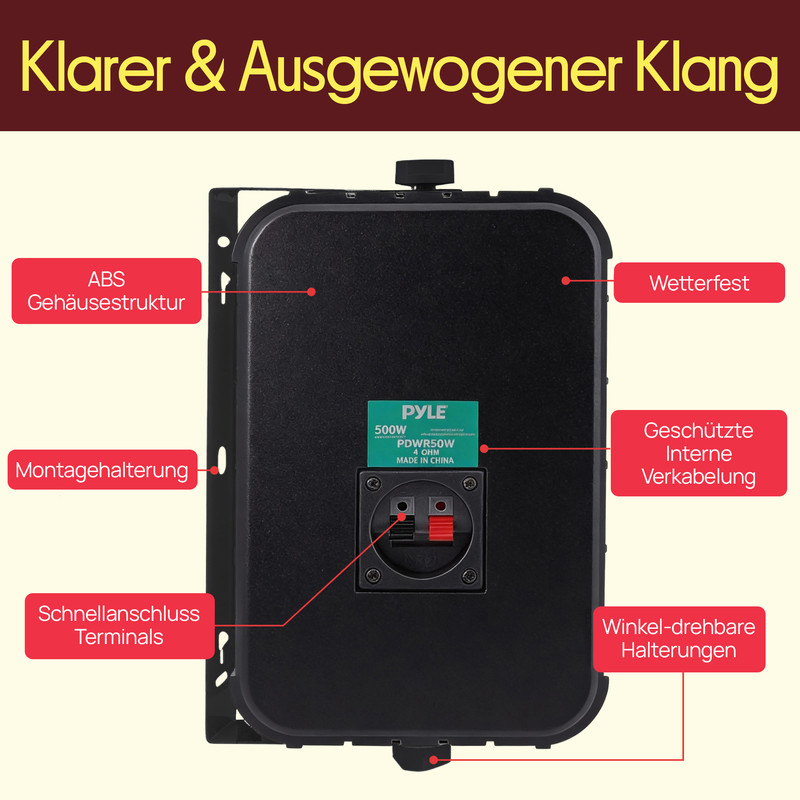 Schwarzer Lautsprecher mit roten und schwarzen Klemmen, Montagehalterung und Beschriftungen.