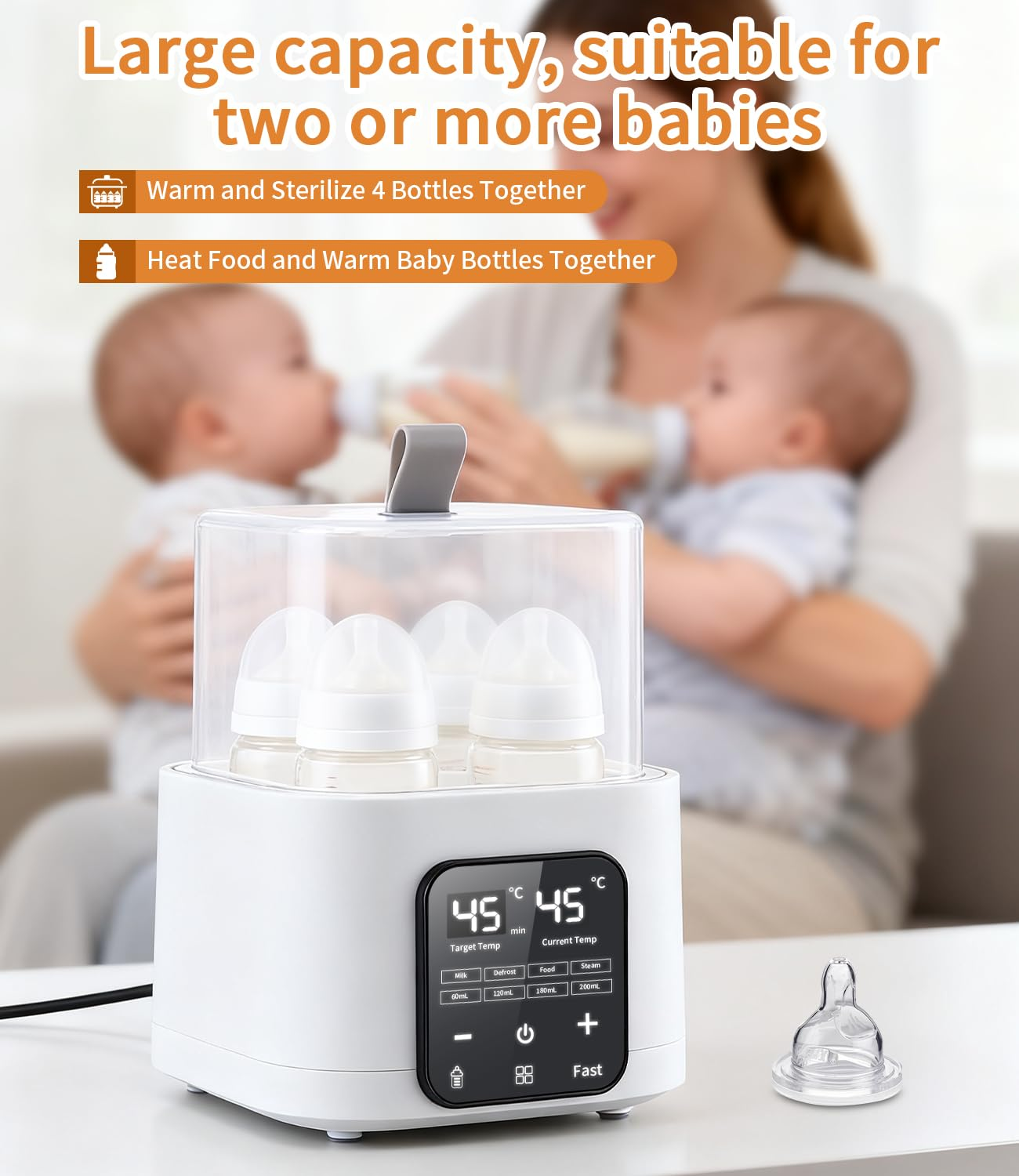 Ein weißer Babyflaschensterilisator mit vier Flaschen darin und einem Digitaldisplay.