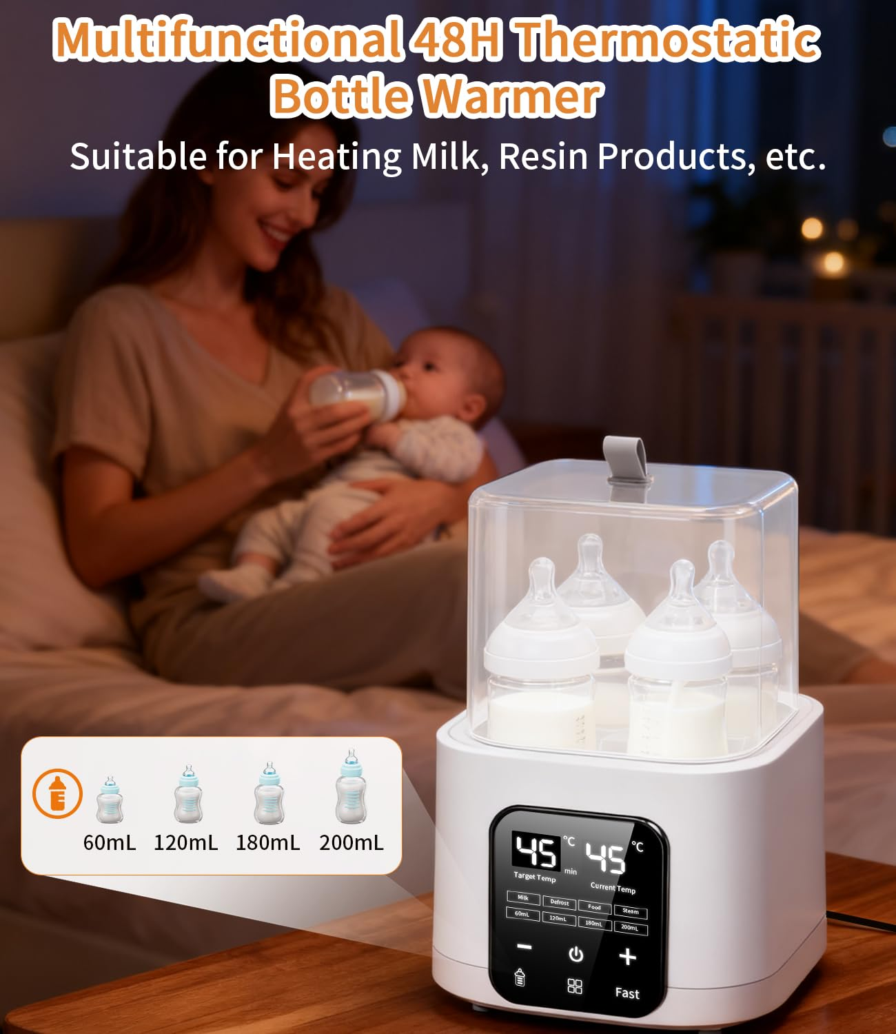 Ein moderner Flaschenwärmer mit Baby und Flaschen. Zeigt 45 Grad an.