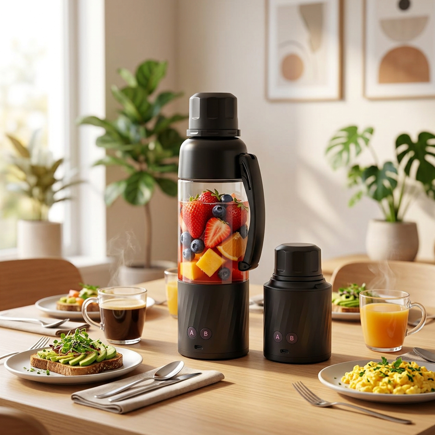 Un frullatore portatile con frutta, caffè, succo, toast e uova strapazzate su tavolo legno.