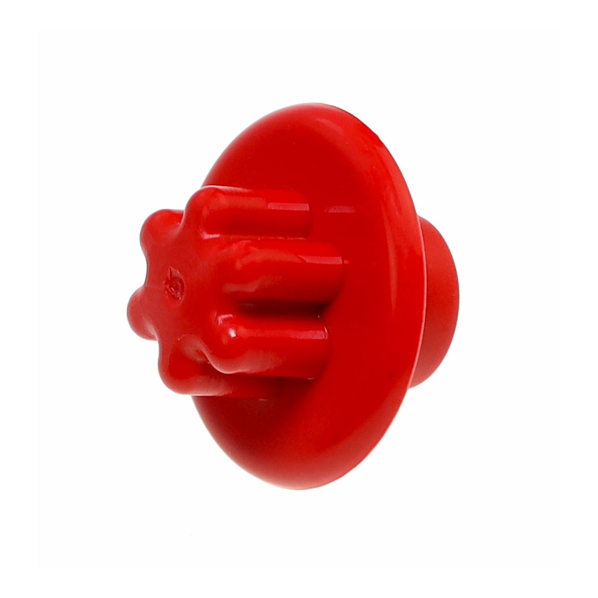 Ein roter Stern-förmiger Stecker mit einem runden Griff auf weißem Hintergrund.