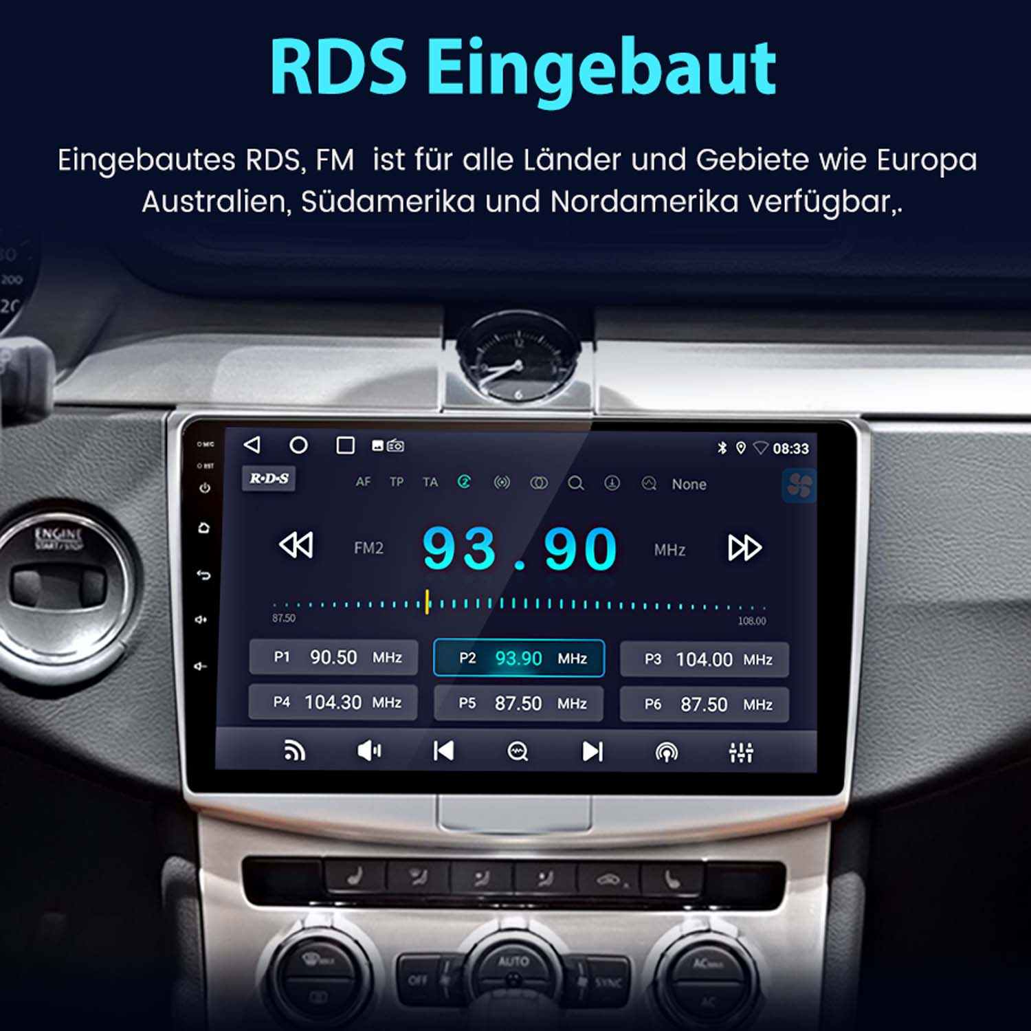 Autoinnenraum mit Infotainment-Bildschirm, der FM-Radio-Frequenz 93.90 MHz anzeigt.
