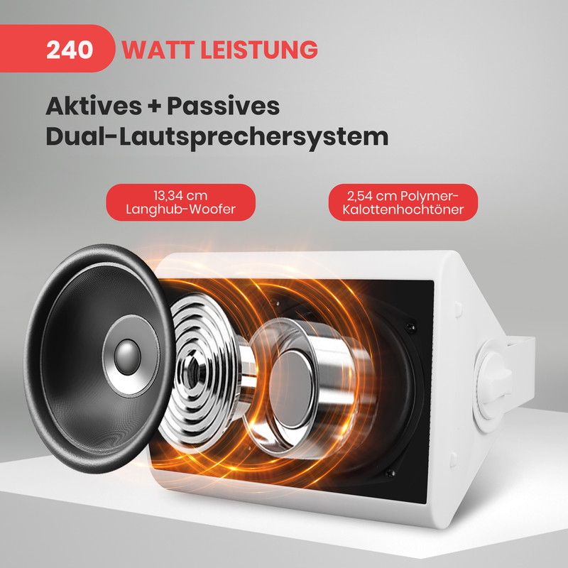 240W aktives Dual-Lautsprechersystem mit Langhub-Woofer und Polymer-Kalottenhochtöner.