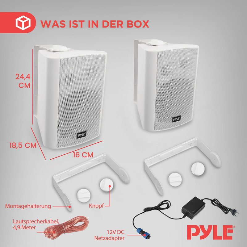 Zwei weiße Lautsprecher mit Halterungen, Kabeln und Netzteil.