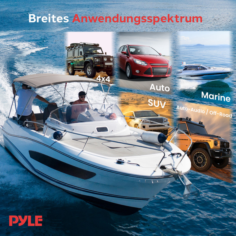 Boot auf dem Wasser, mit eingeblendeten Bildern von Autos und Geländewagen.