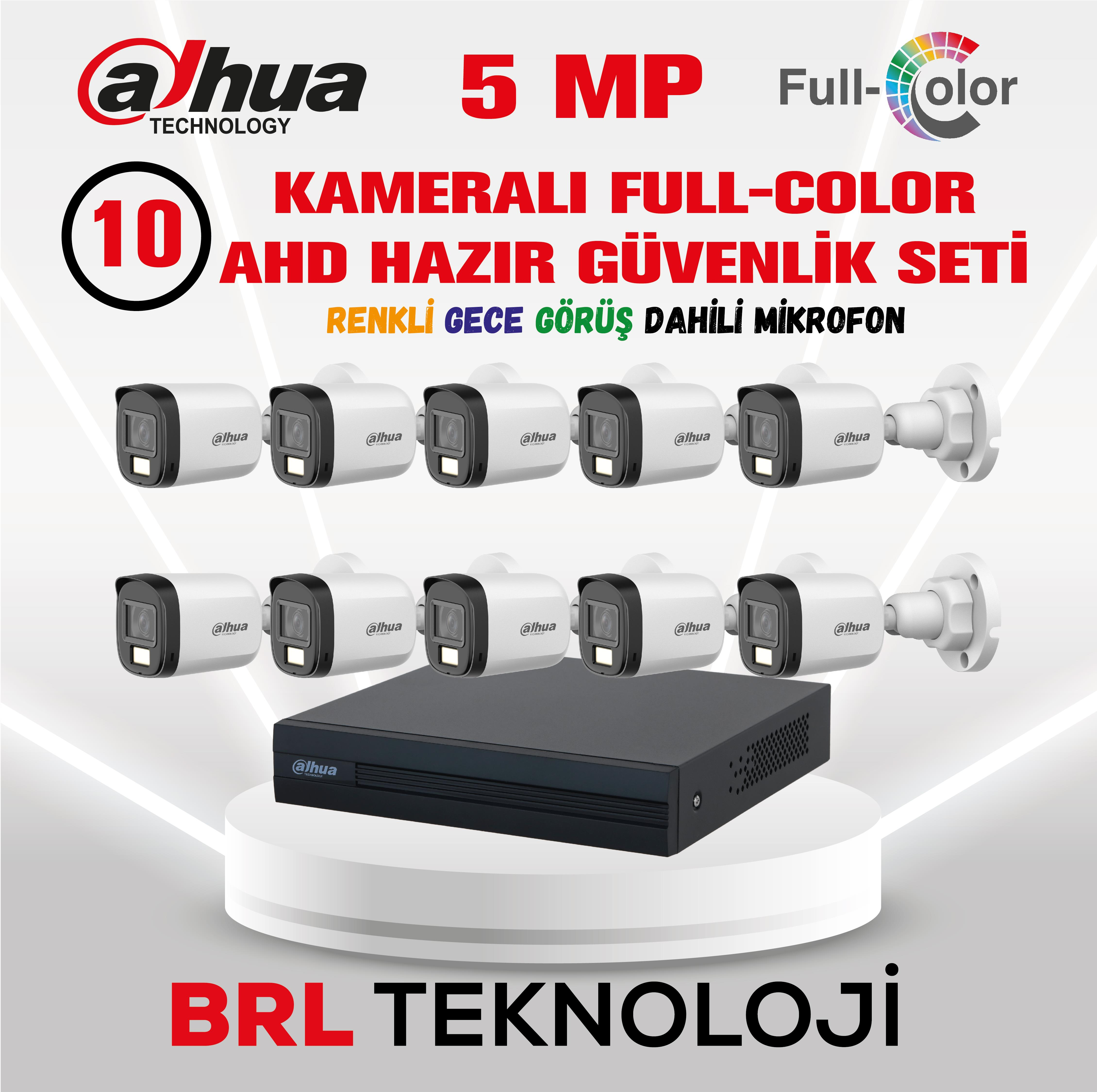 Dahua 5 MP Full-Color AHD güvenlik seti, 10 kamera ve dahili mikrofonlu.
