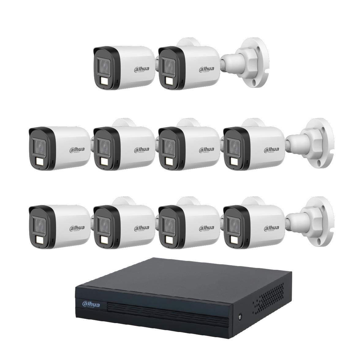 On beyaz Dahua güvenlik kamerası ve siyah bir DVR ünitesi sergileniyor.
