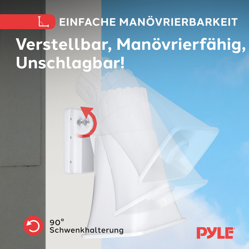 Weiße Schwenkhalterung für Lautsprecher, die 90° schwenkt. Text: Einfache Manövrierbarkeit.