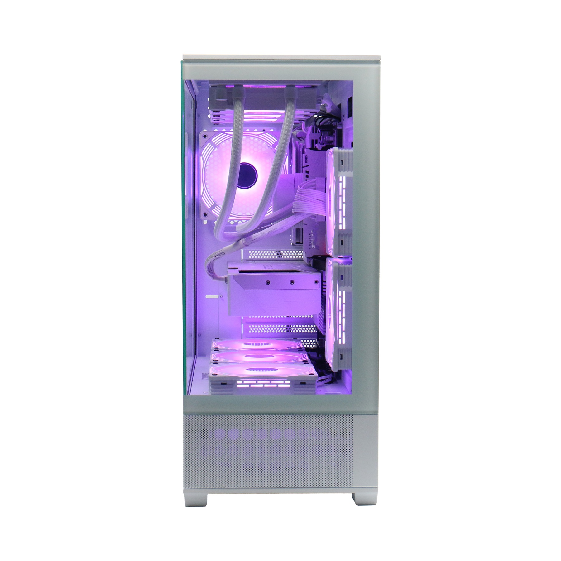 Ein weißer PC-Tower mit lila Beleuchtung, Glasfenster und Lüftern.