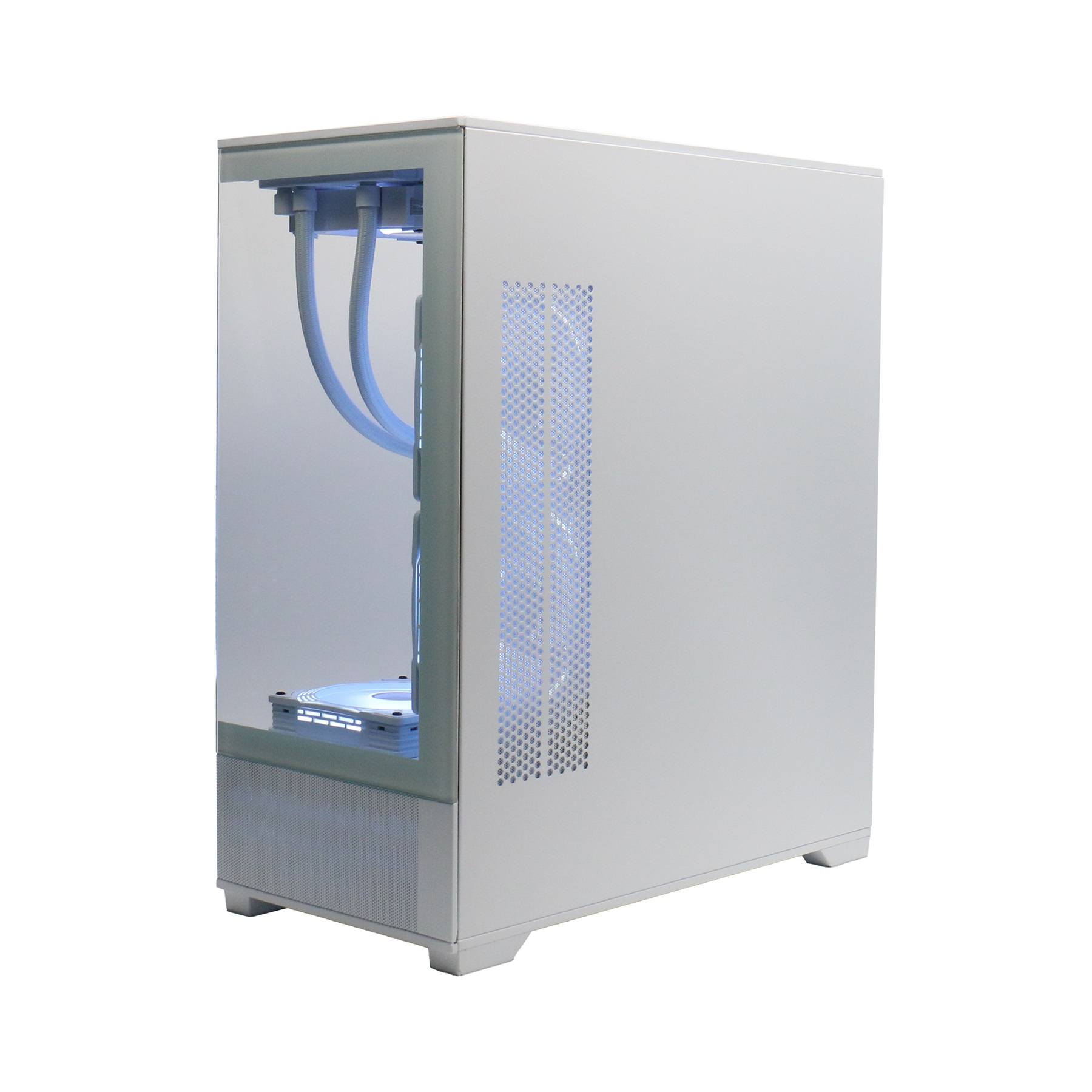 Ein weißes Computergehäuse mit Glasfront und blauer Beleuchtung.