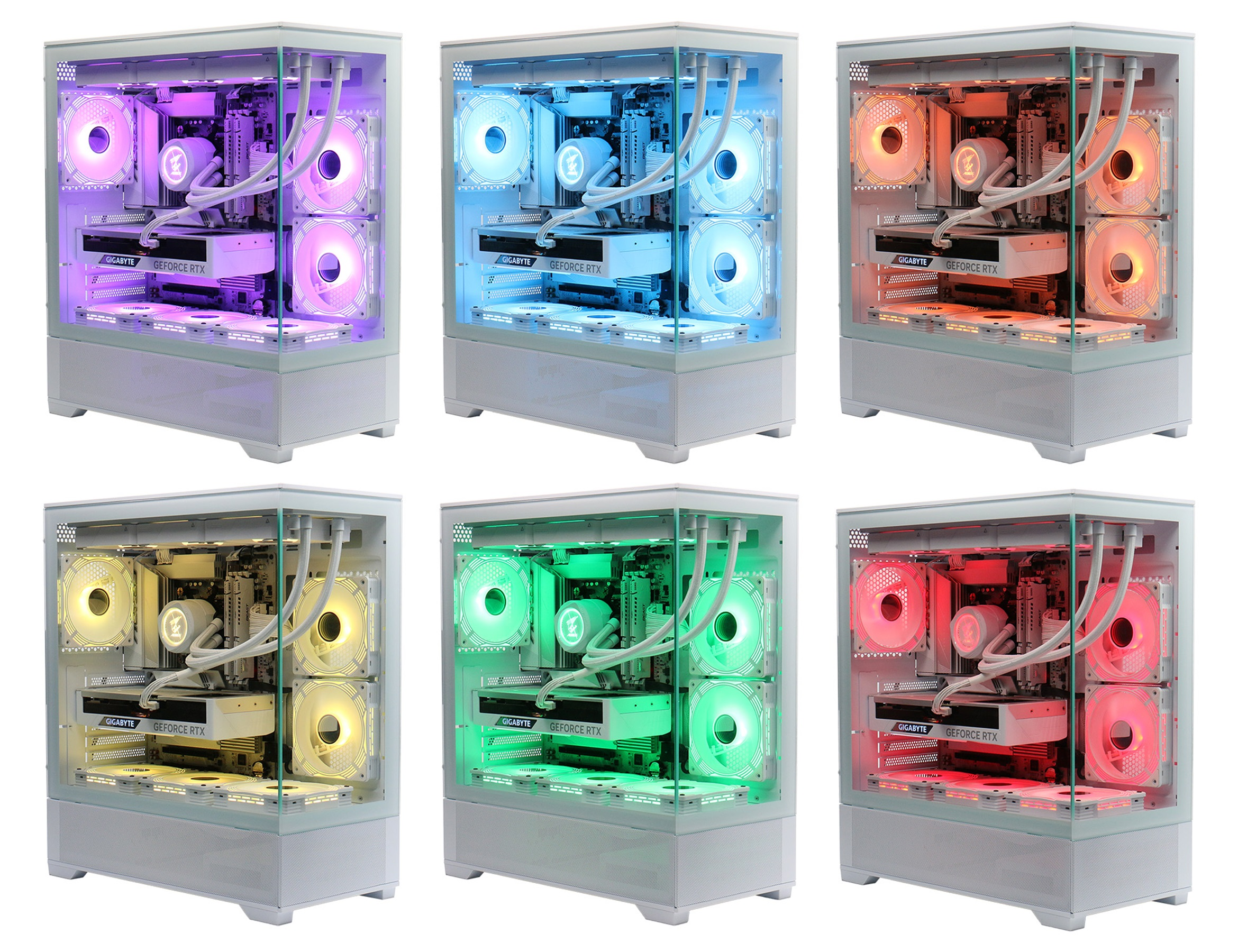 Ein weißer PC-Gehäuse mit RGB-Lüftern in verschiedenen Farben: Lila, Blau, Orange, Gelb, Grün, Rot.