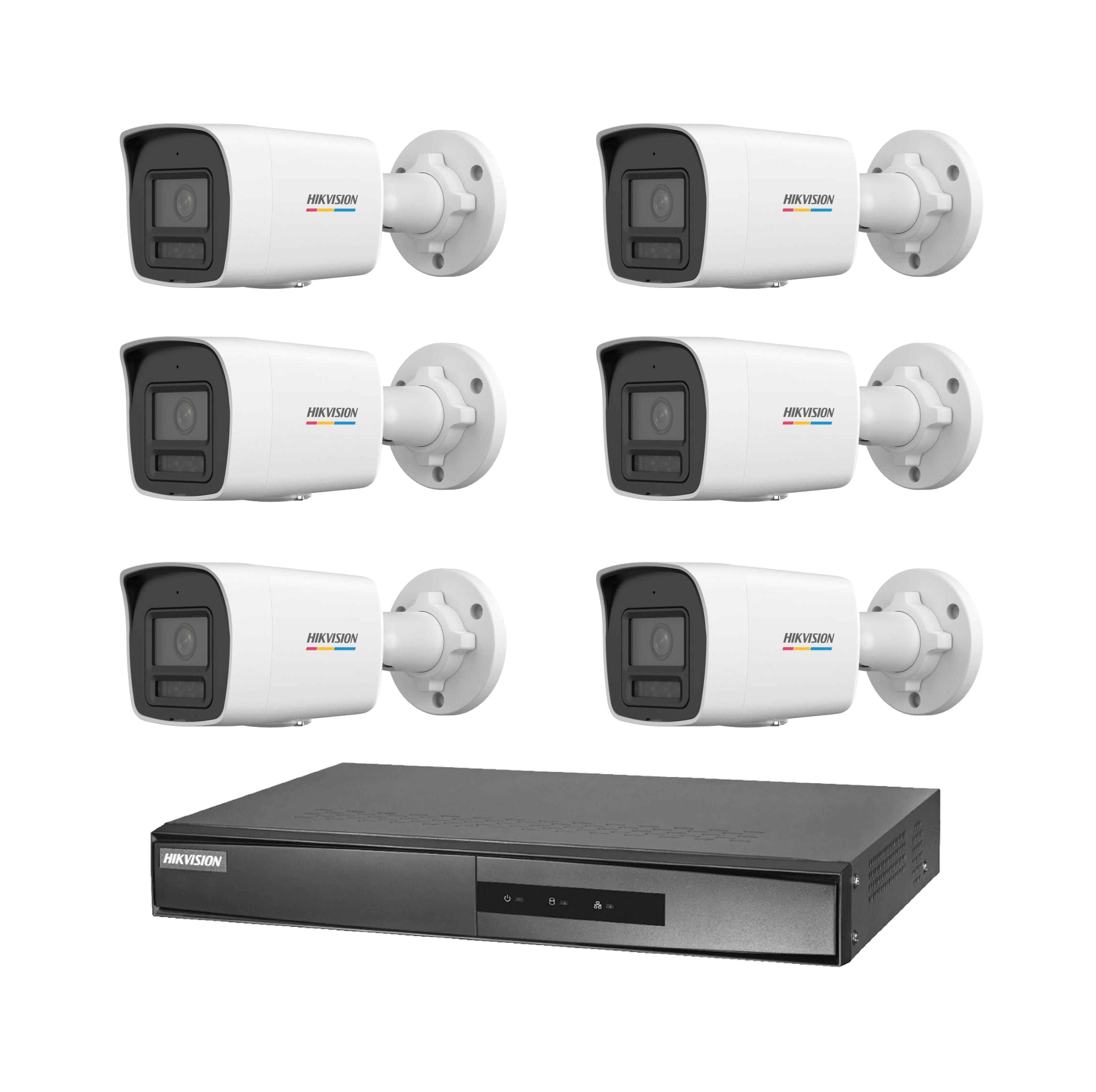 Altı beyaz Hikvision kamera ve siyah bir DVR, beyaz arka plan üzerinde.