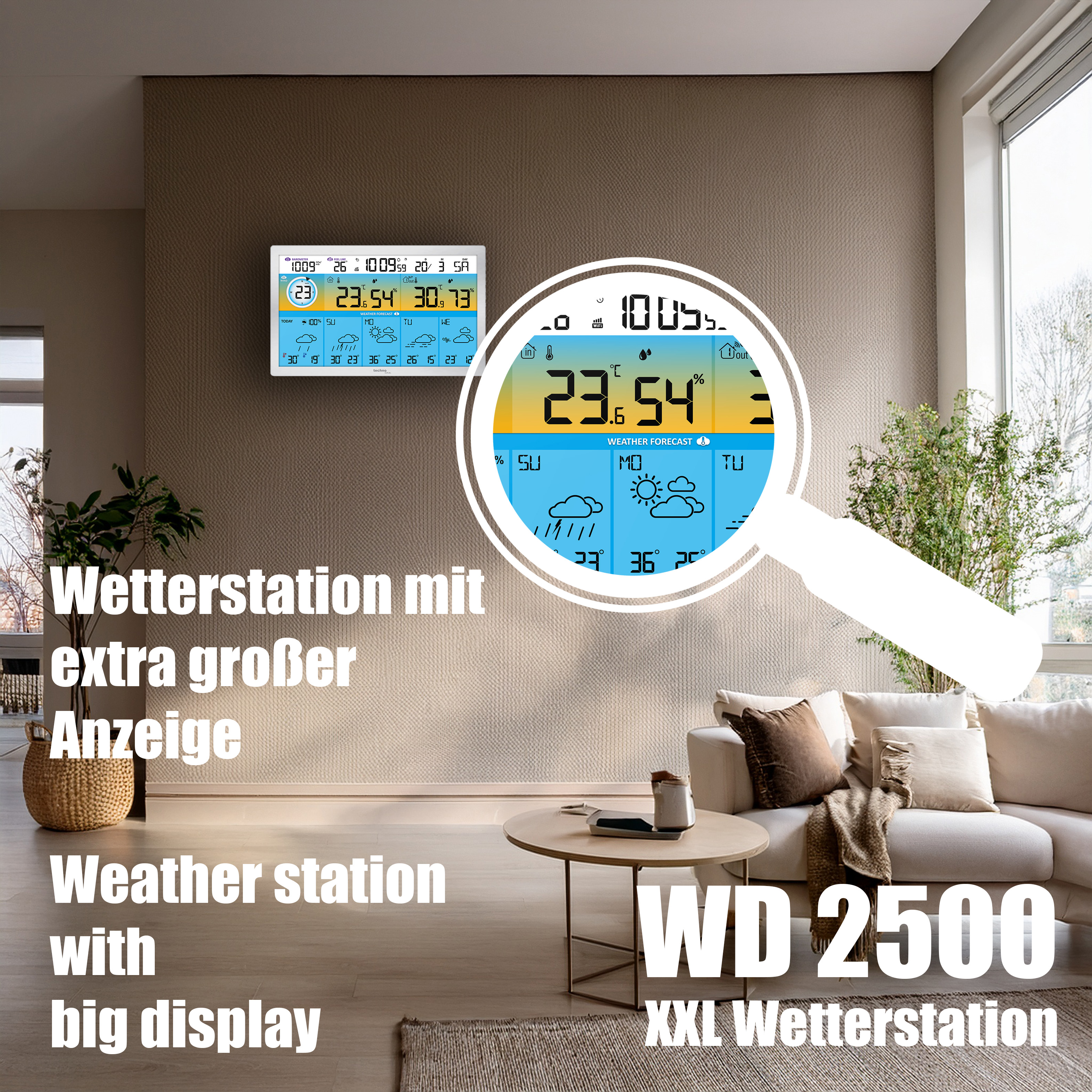 Wetterstation mit großem Display zeigt 23°C, 54% Luftfeuchte, 30.7°C Außentemperatur.