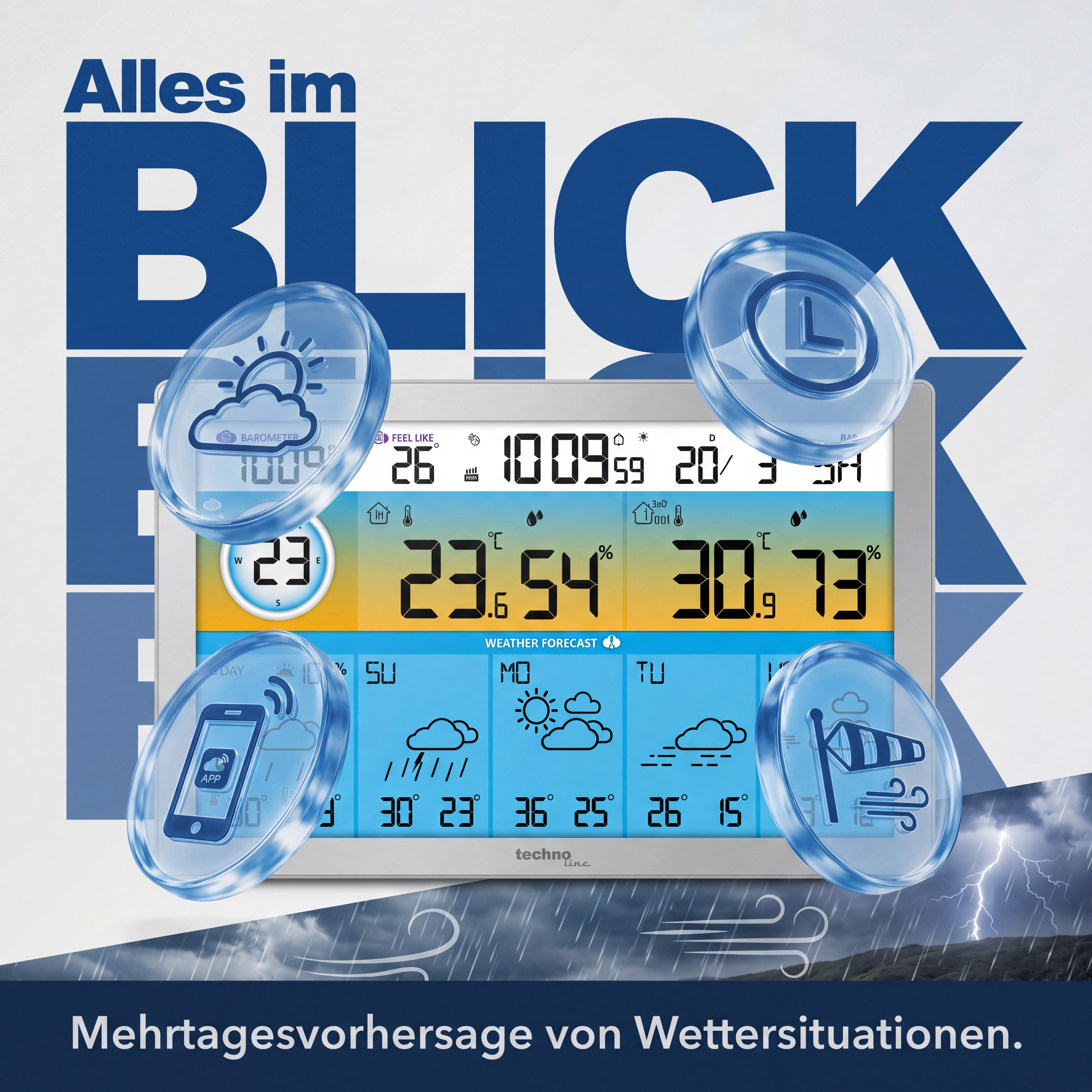 Wetterstation mit Anzeige von Temperatur, Luftdruck und Vorhersage.