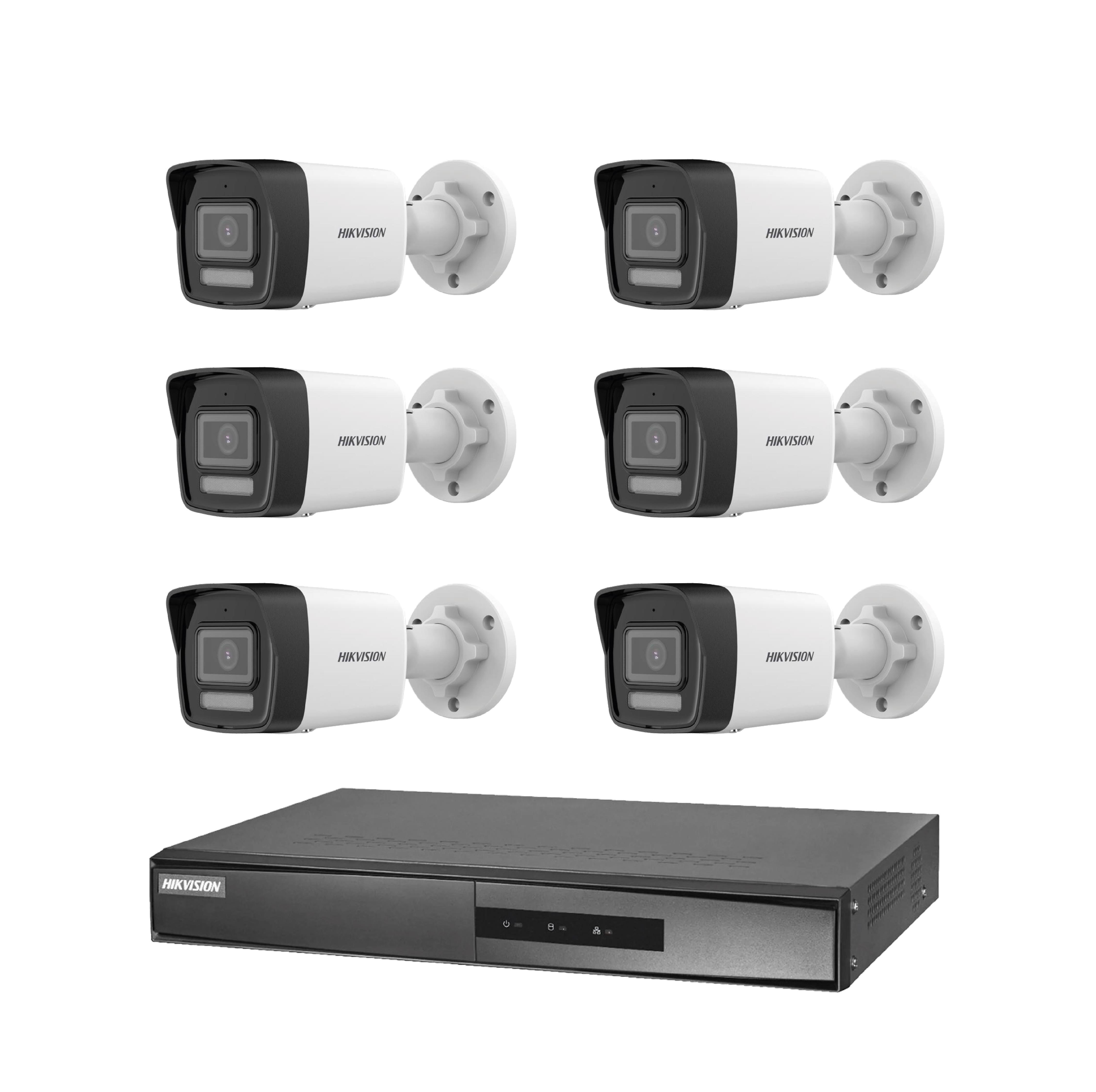 Altı beyaz Hikvision kamera ve siyah bir DVR kaydedici.