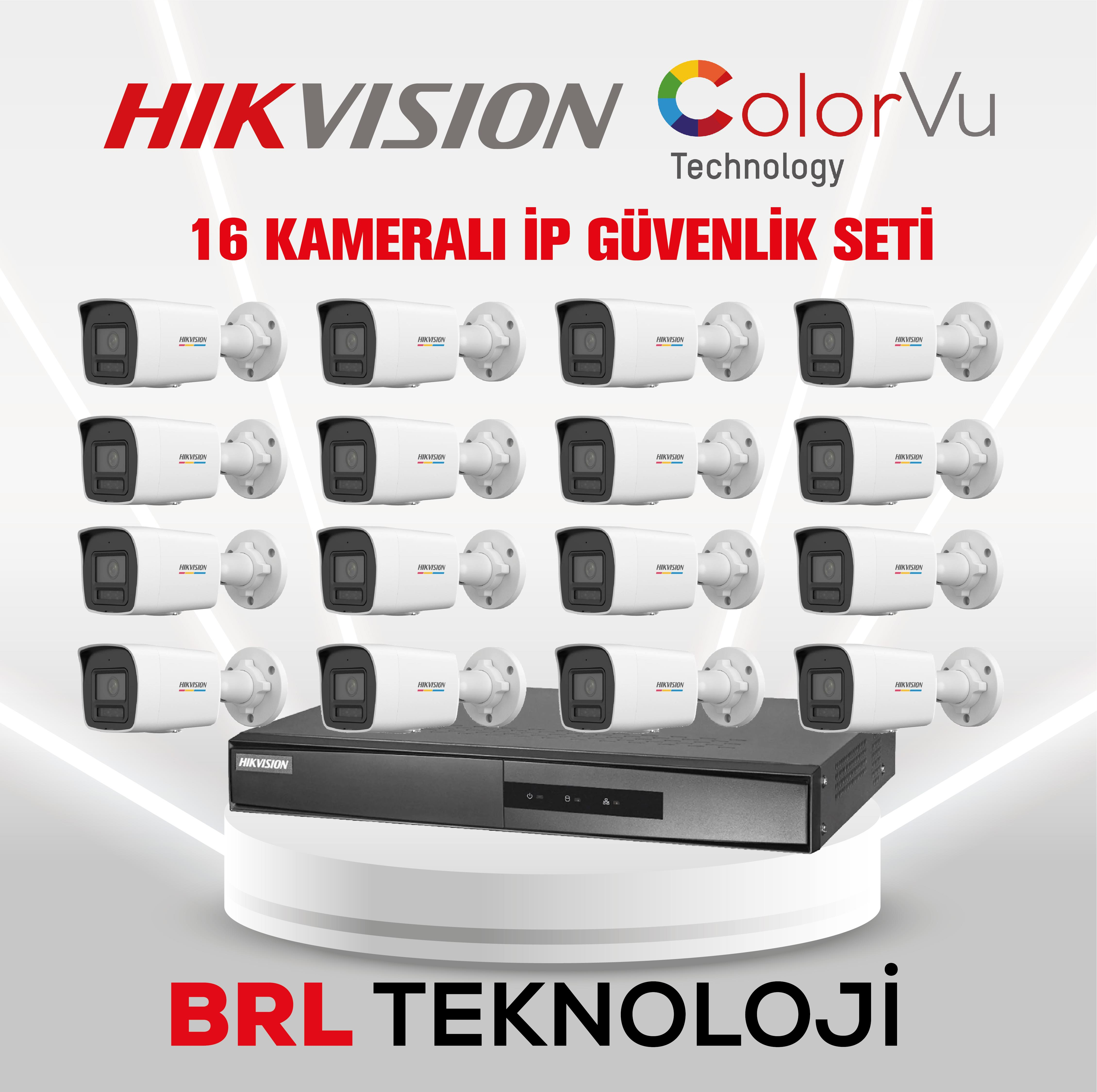 16 kameralı Hikvision IP güvenlik seti ve DVR cihazı.