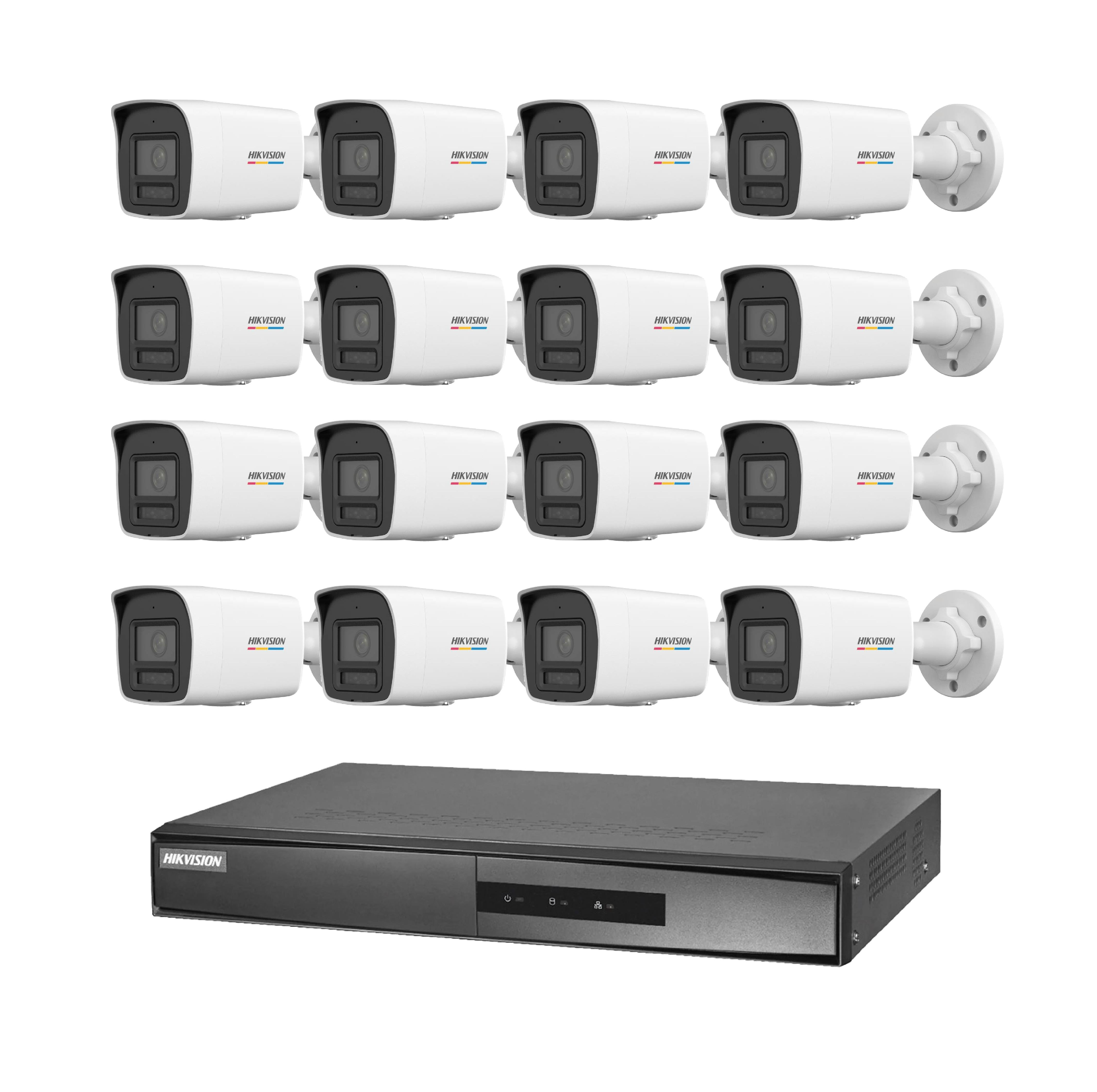 On altı beyaz Hikvision kamera ve bir siyah Hikvision kaydedici.