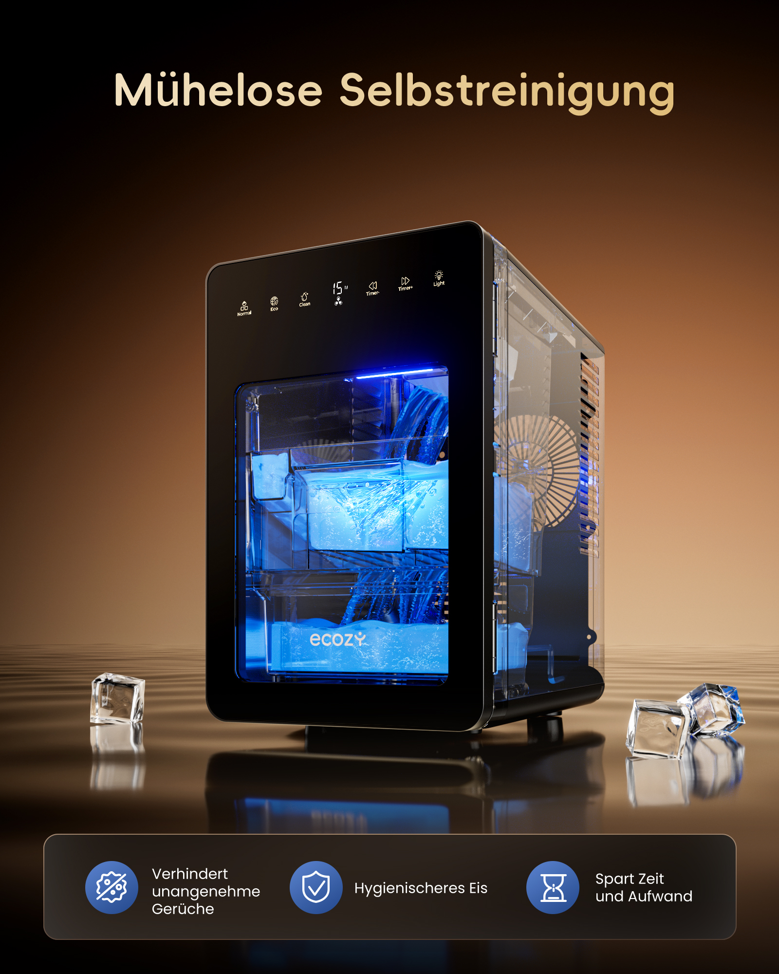 Ein transparenter Eisbereiter mit blauer Beleuchtung und Bedienelementen.