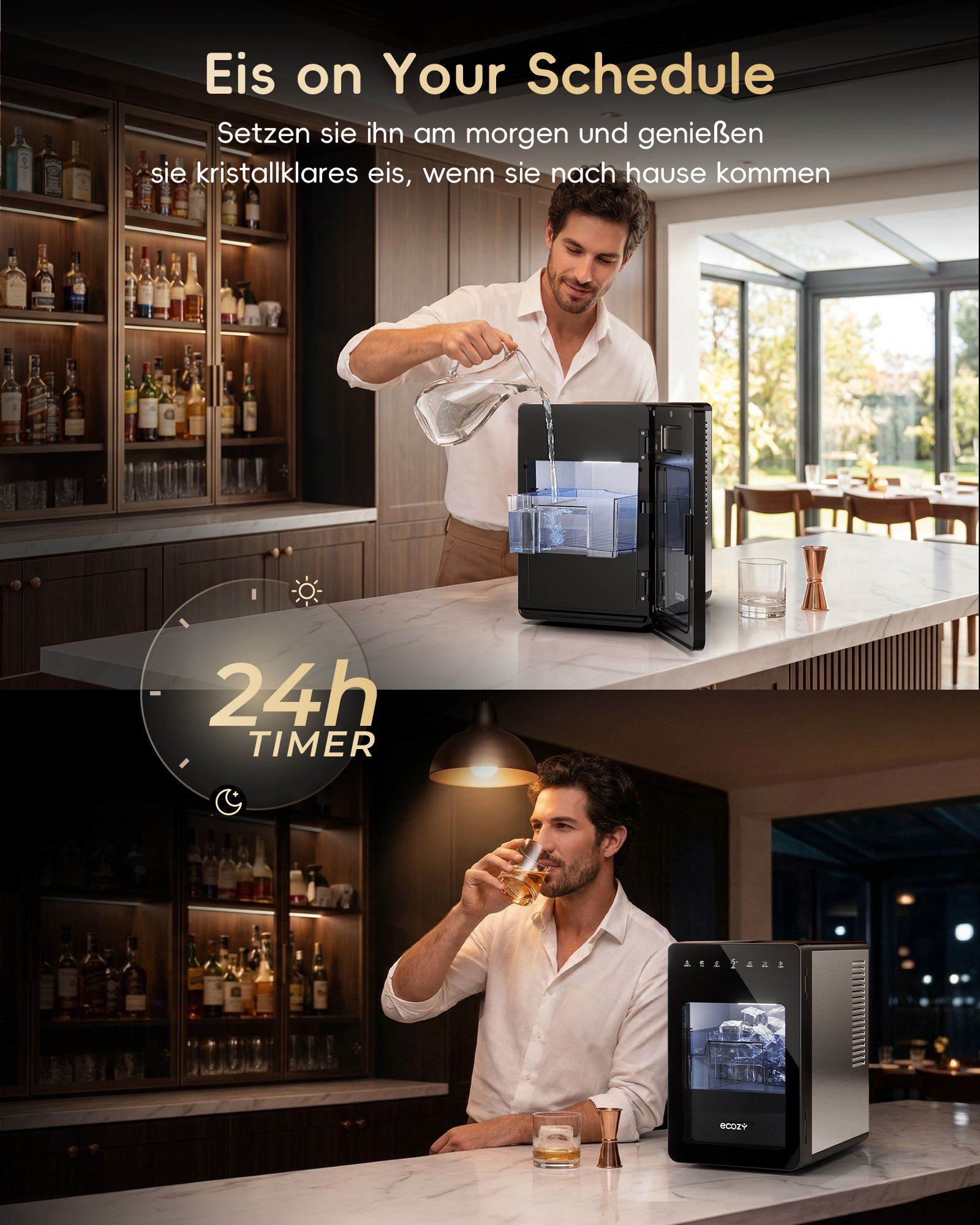 Mann gießt Wasser in Eisbereiter; Mann trinkt Whiskey. 24h Timer.