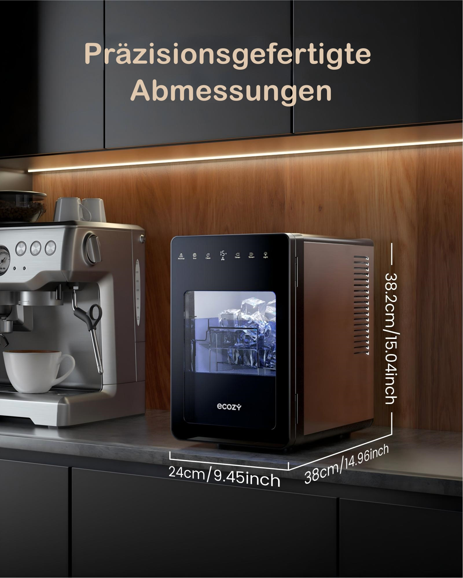 Eine Espressomaschine und ein Eiswürfelbereiter stehen auf einer Arbeitsplatte.