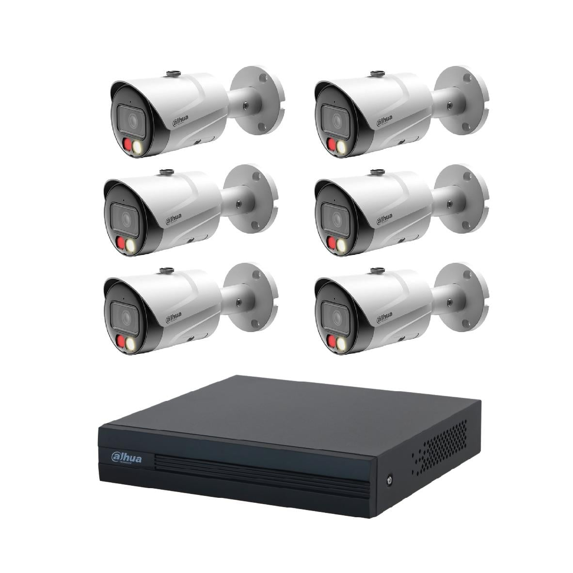 Altı beyaz güvenlik kamerası ve siyah bir DVR ünitesi beyaz arka plan üzerinde gösteriliyor.