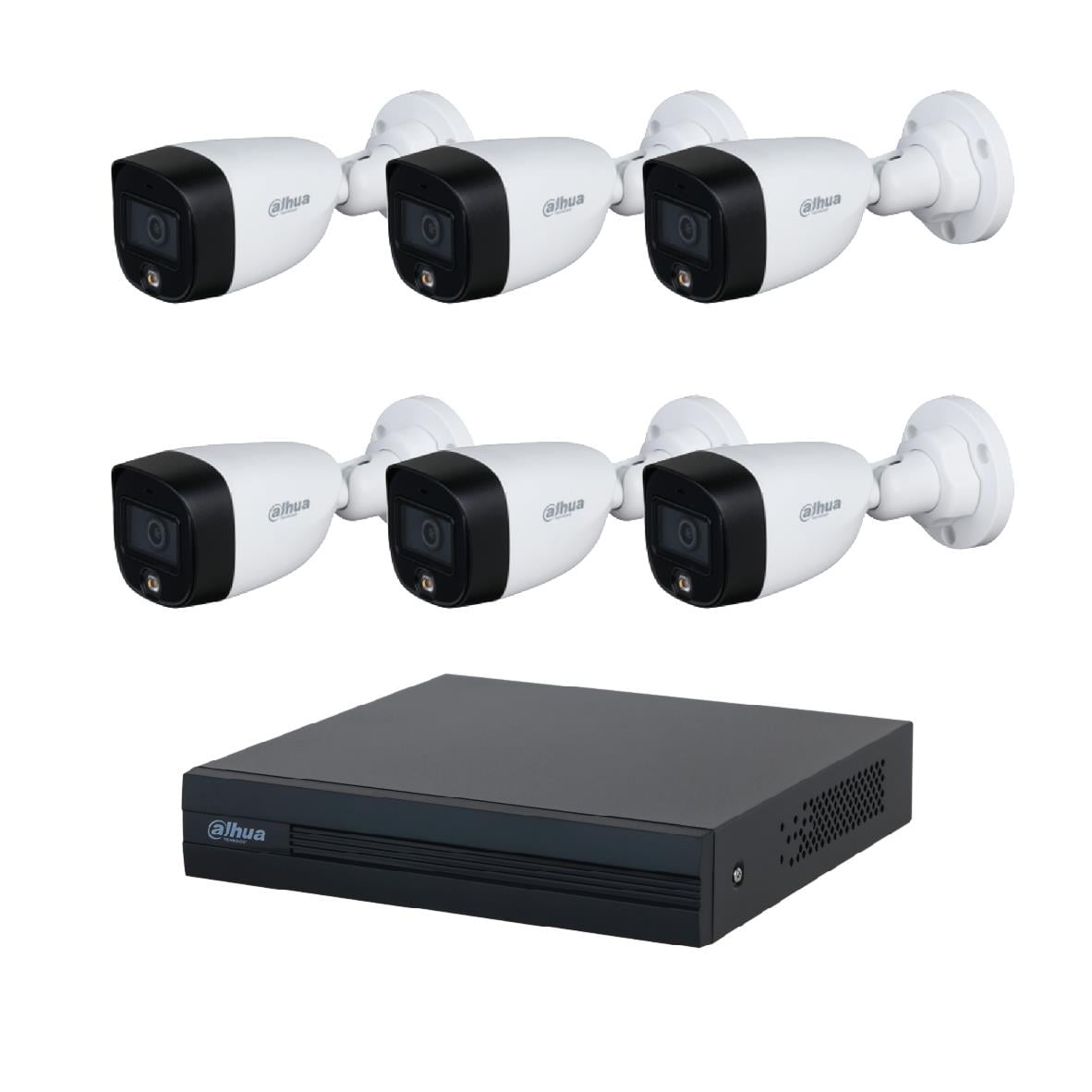 Dört beyaz güvenlik kamerası ve siyah bir DVR ünitesi beyaz arka plan üzerinde sergileniyor.