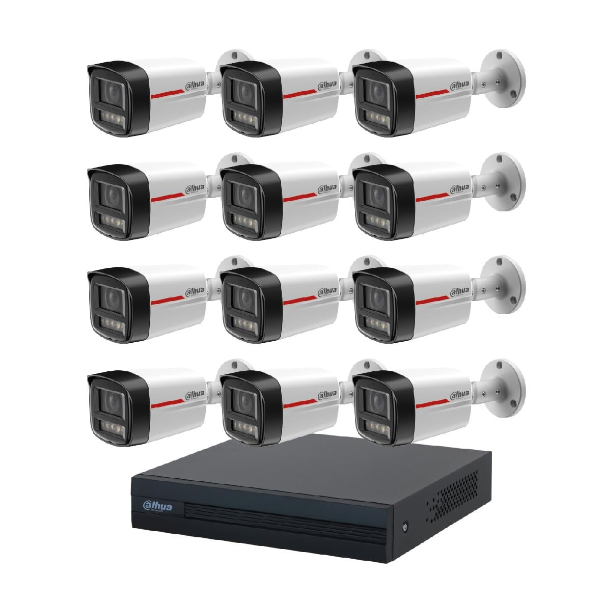 Kırmızı şeritli on iki beyaz güvenlik kamerası ve siyah bir DVR.