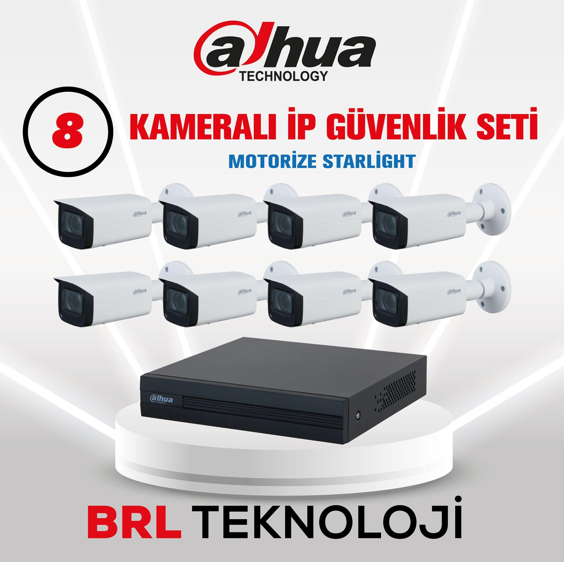 Dahua logolu 8 IP kamera ve kayıt cihazı seti.