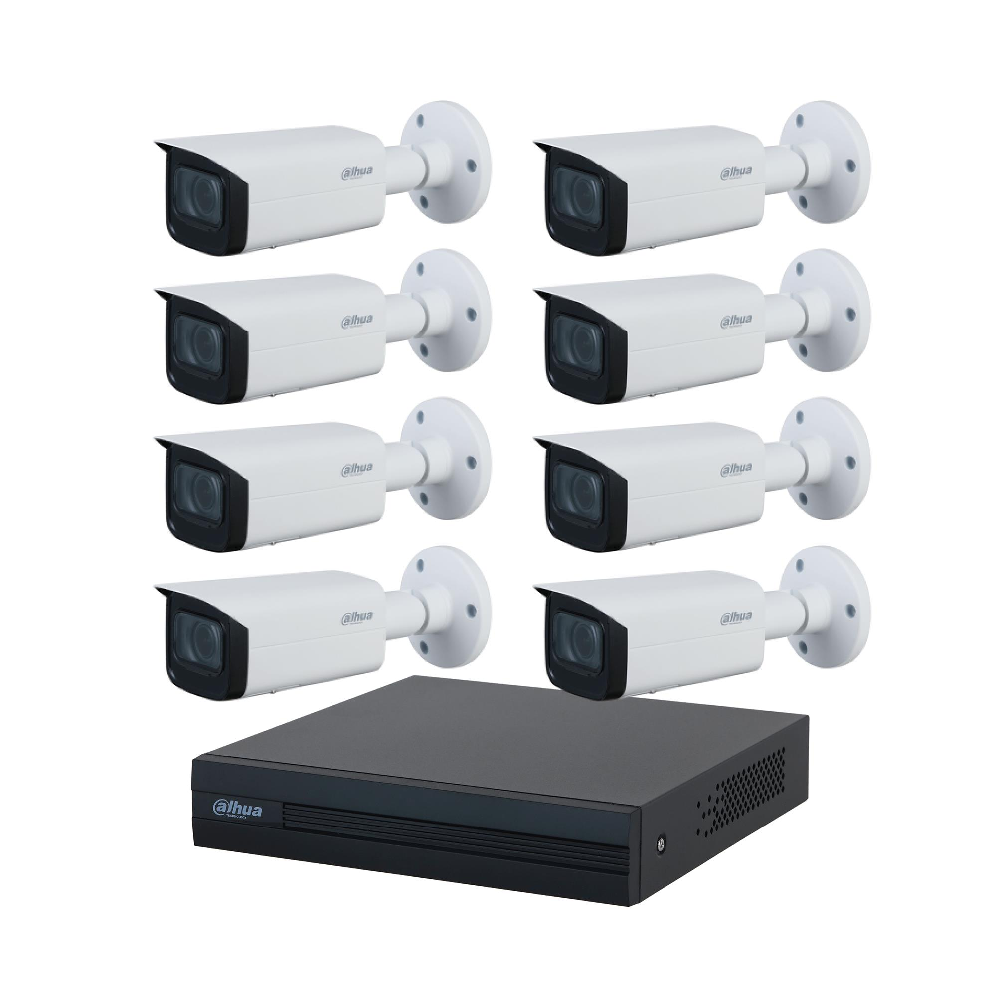 Sekiz beyaz Dahua güvenlik kamerası ve siyah bir DVR ünitesi.