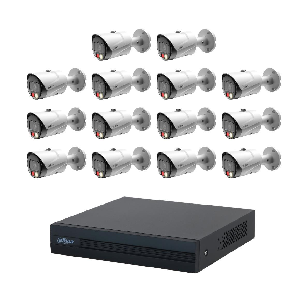 Siyah bir Dahua DVR kaydedici, 16 beyaz güvenlik kamerasından oluşan bir ızgaranın altında duruyor.