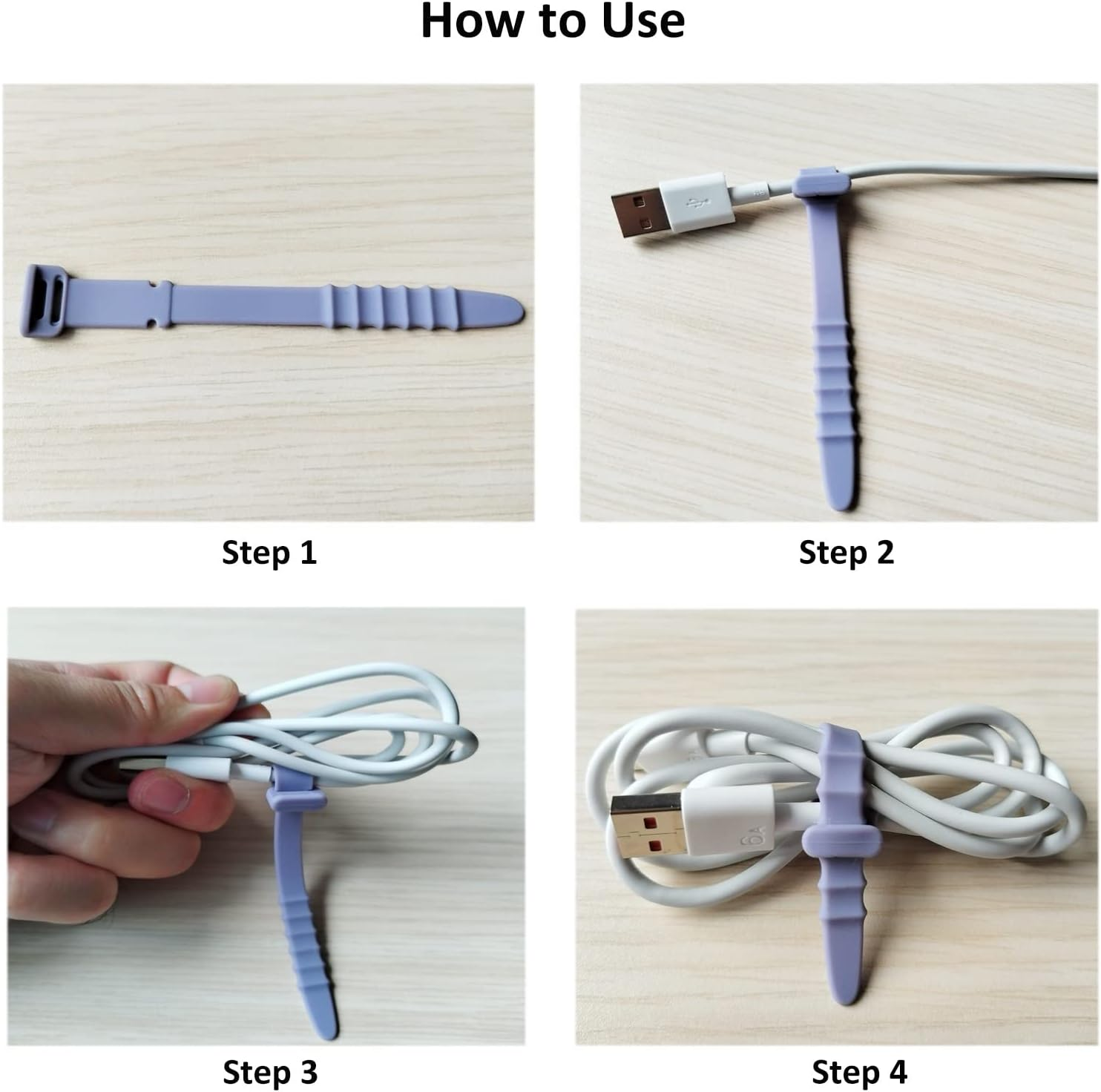 Schritt 1: Ein graues Silikon-Kabelbinde. Schritt 2: Um USB-Kabel binden. Schritt 3: Kabel falten. Schritt 4: Gesichertes Kabel.