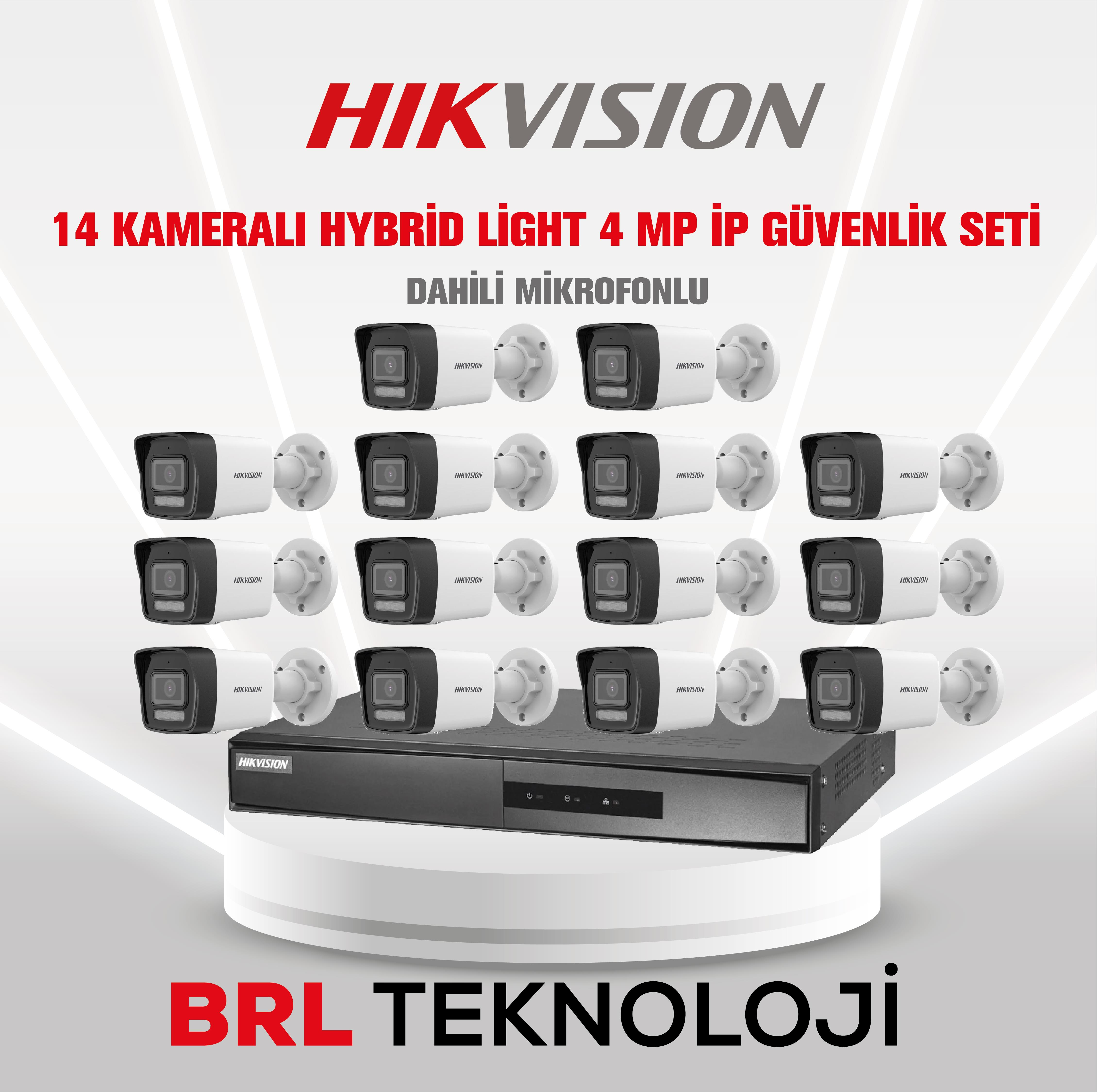 Hikvision 14 kameralı Hibrit Işıklı 4MP IP güvenlik seti, dahili mikrofonlu.