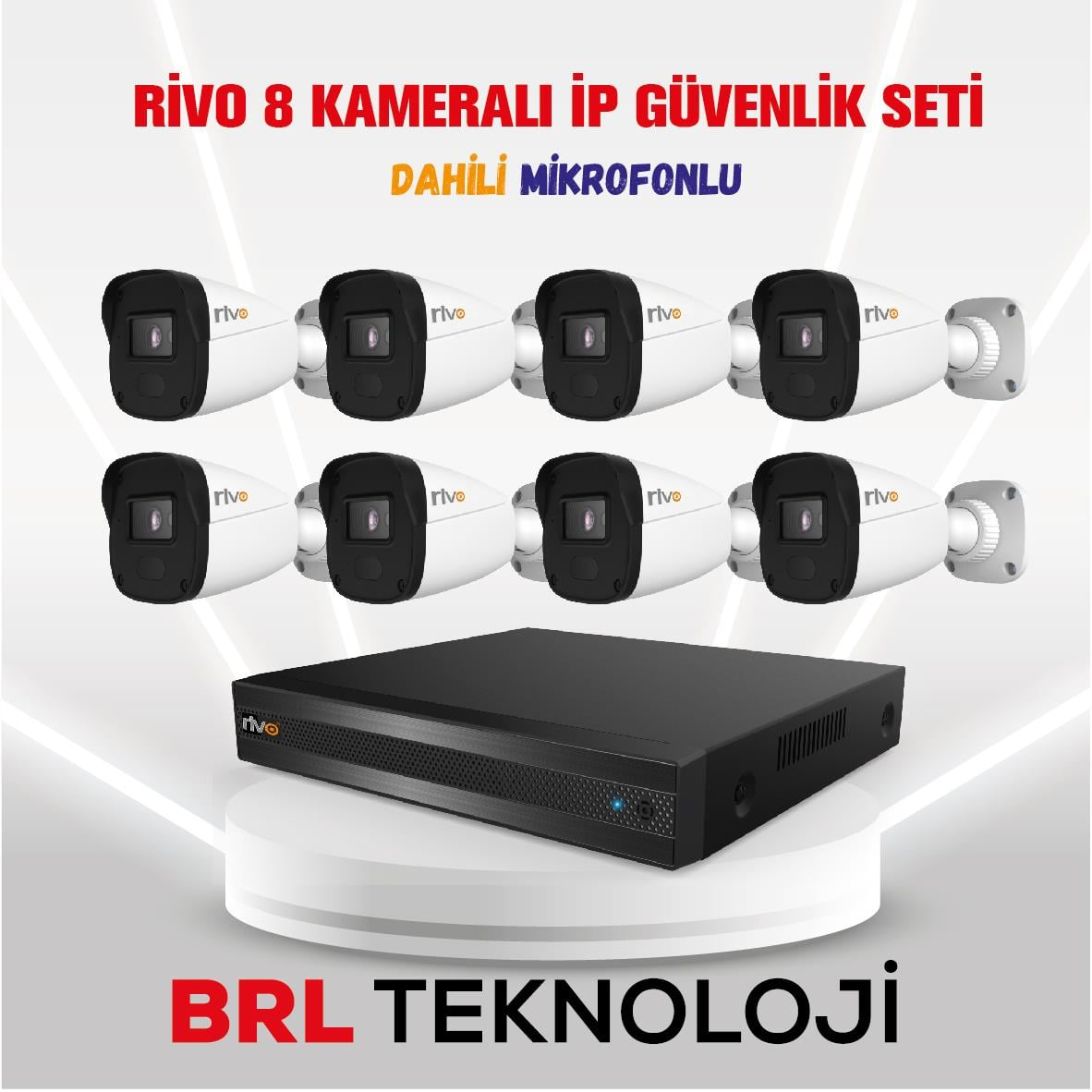 Mikrofonlu IP güvenlik sistemi için sekiz kamera ve kayıt cihazı.
