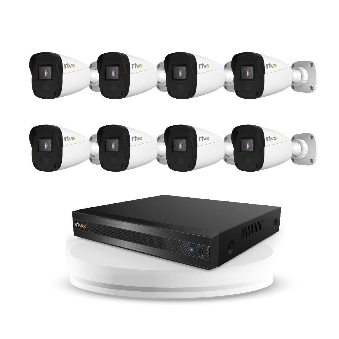 Beyaz bir kaide üzerinde siyah bir DVR ve sekiz beyaz güvenlik kamerası.