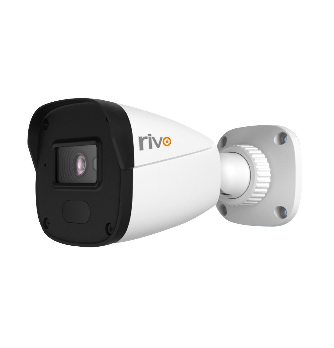Siyah gövdeli ve lensli beyaz güvenlik kamerası.