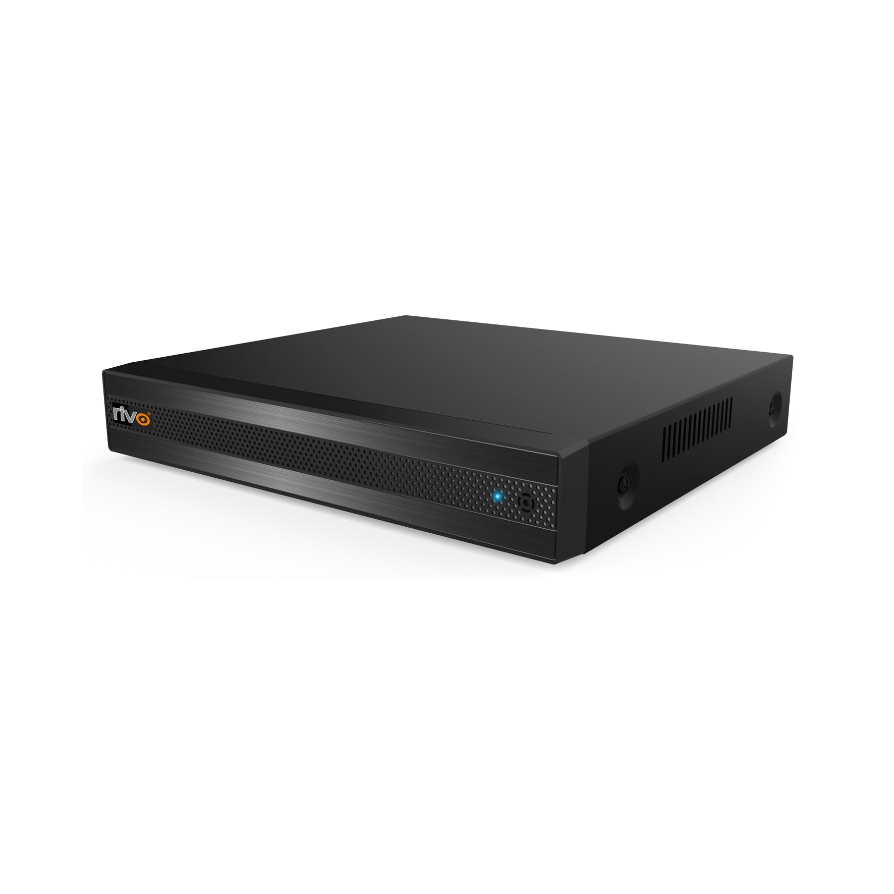 Dokuya sahip ön panel ve mavi gösterge ışığı olan siyah DVR.