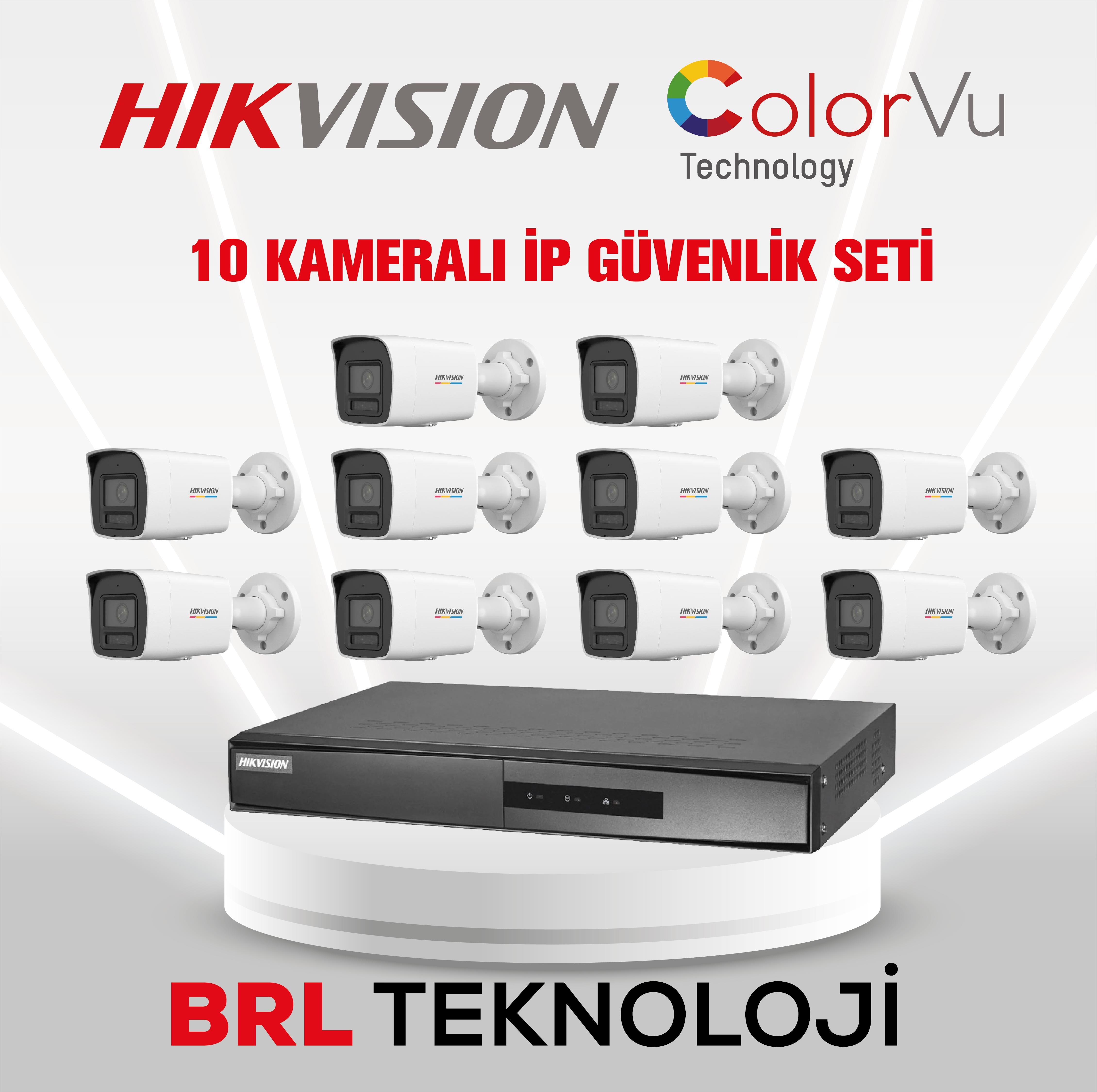 Hikvision ColorVu 10 IP kamera güvenlik seti, NVR ve kameralarla.