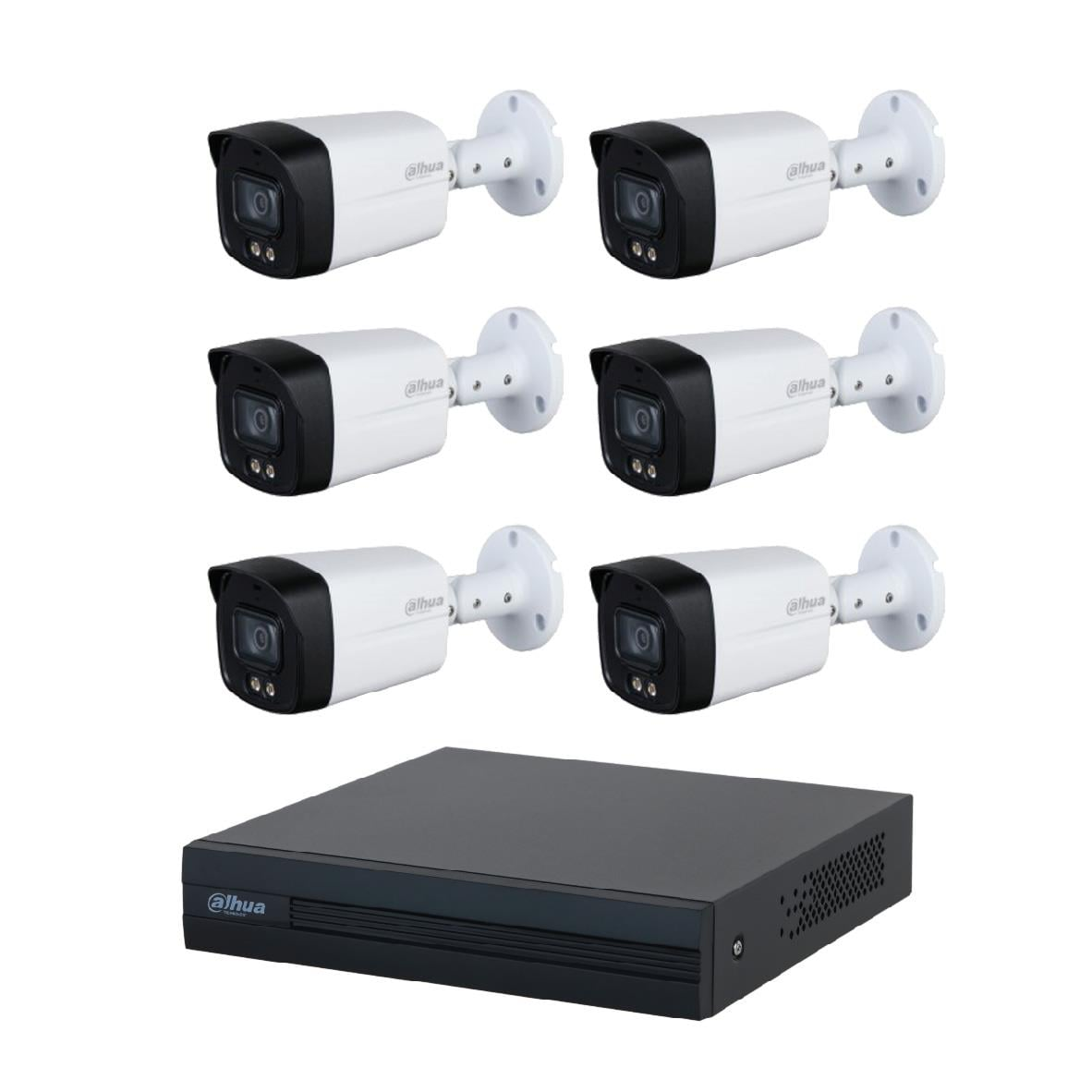 Altı beyaz güvenlik kamerası ve beyaz arka plan üzerinde siyah DVR kayıt cihazı.