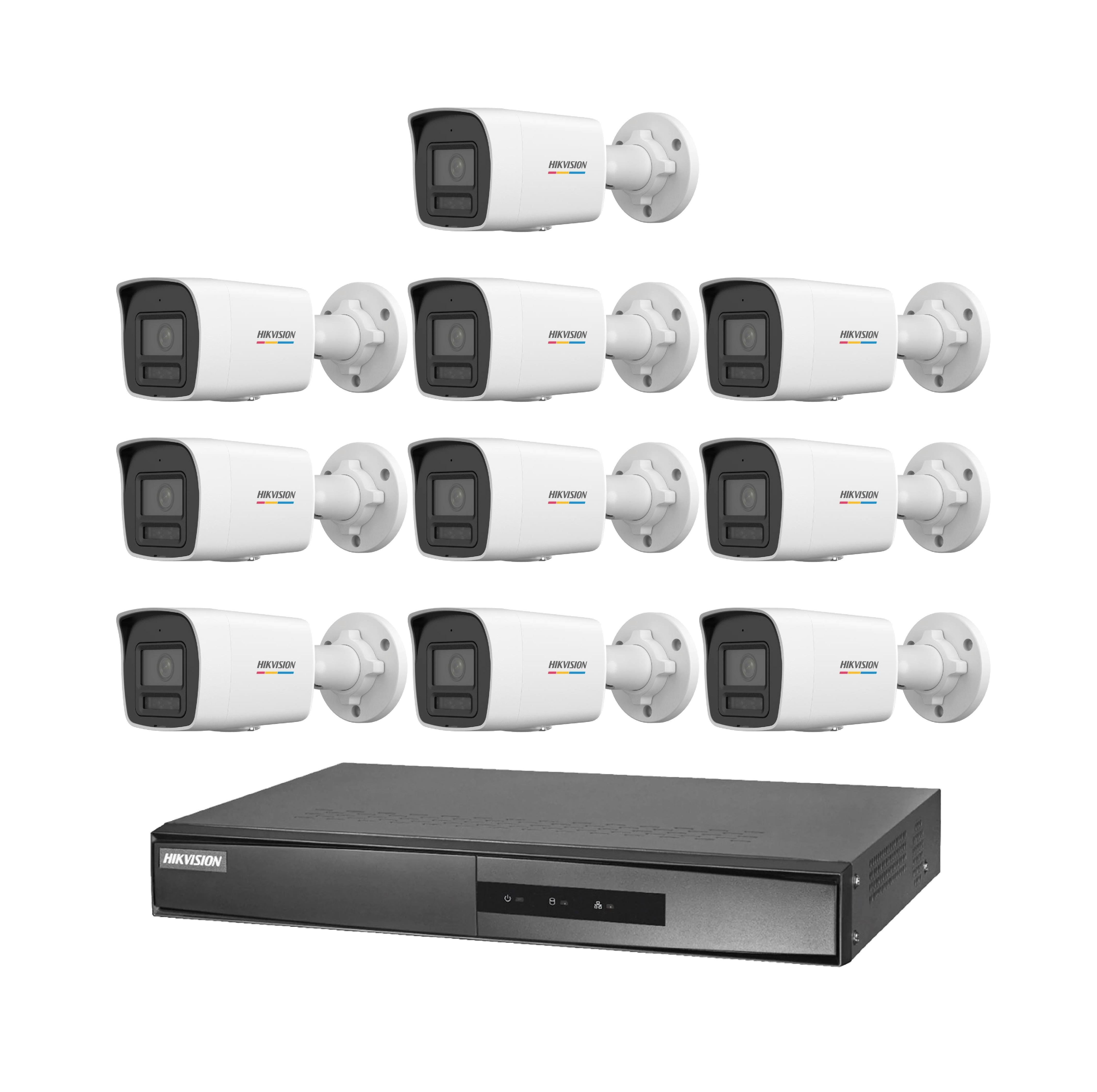 On iki beyaz Hikvision kamera ve beyaz arka planda siyah DVR.