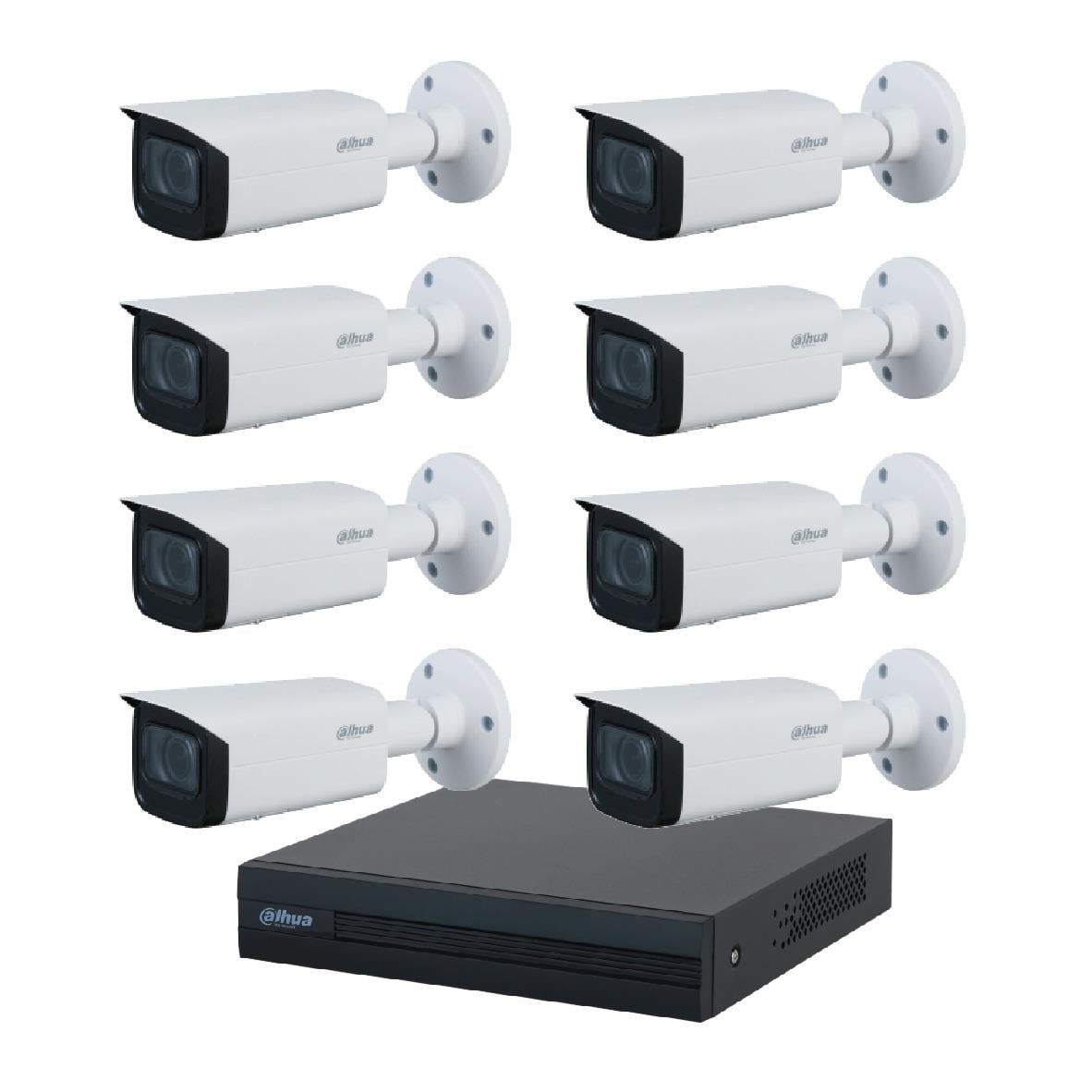 Altı beyaz Dahua güvenlik kamerası ve siyah bir DVR ünitesi beyaz zeminde yer alıyor.