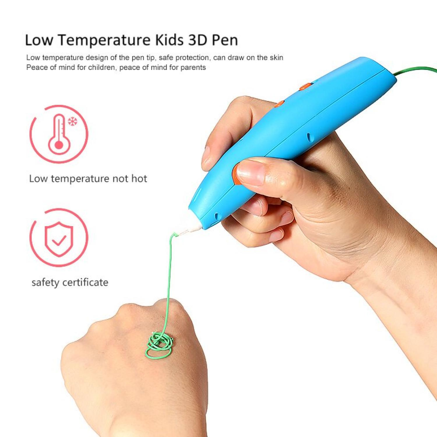 Ein blauer 3D-Stift wird gehalten und zeichnet ein grünes Filament auf eine Hand. Symbole zeigen niedrige Temperatur und Sicherheit.