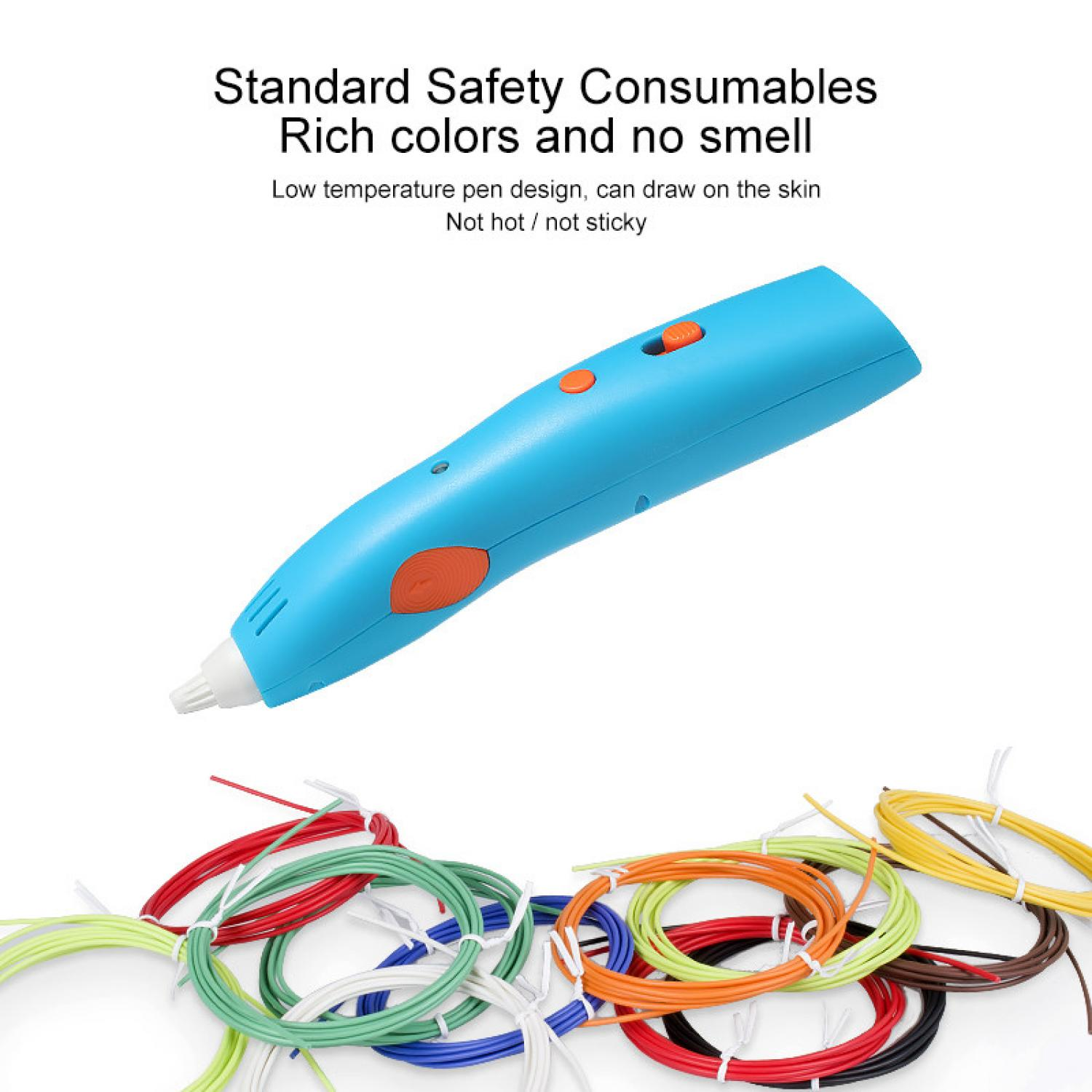 Ein blauer 3D-Stift schwebt über einem Haufen bunter Filamentrollen in Rot, Grün, Blau, Gelb und Orange.
